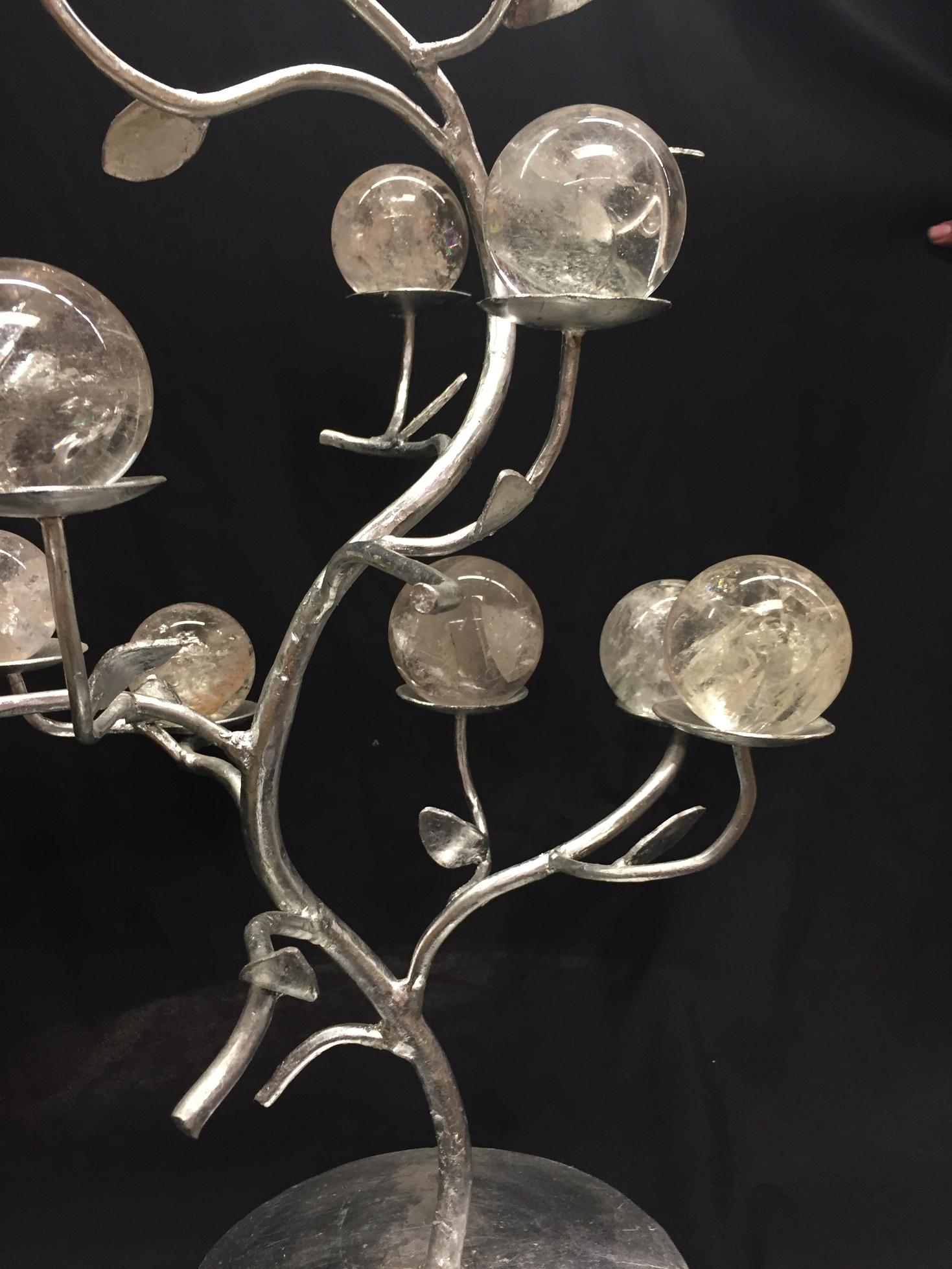 Contemporary Modern Rock Crystal Silver-Leafed Tree Formed Centrepiece For Sale