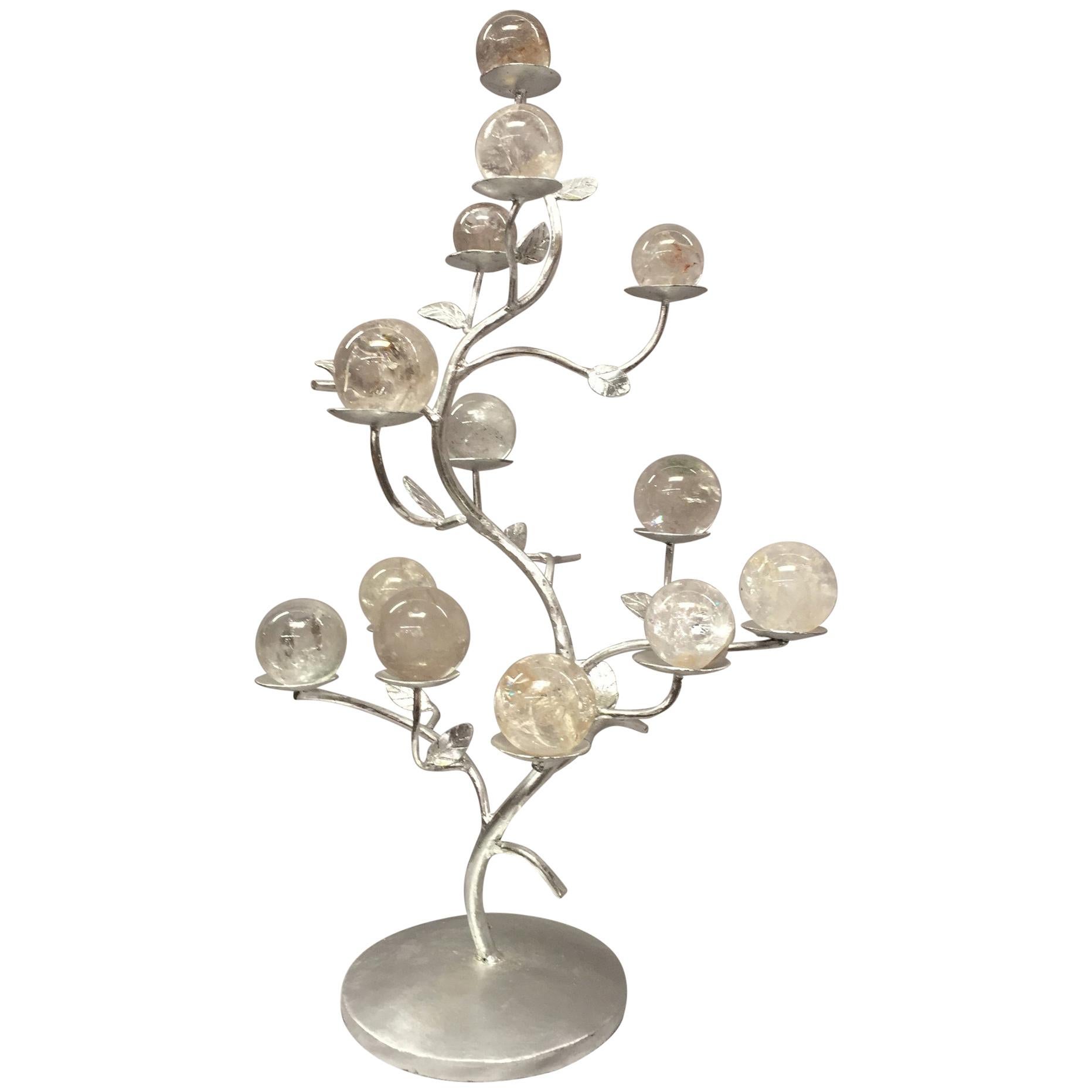 Modern Rock Crystal Silver-Leafed Tree Formed Centrepiece For Sale