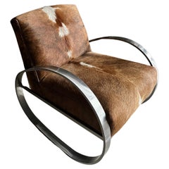 Moderner Schaukelstuhl mit Sitz aus Rindsleder und poliertem Stahlrahmen