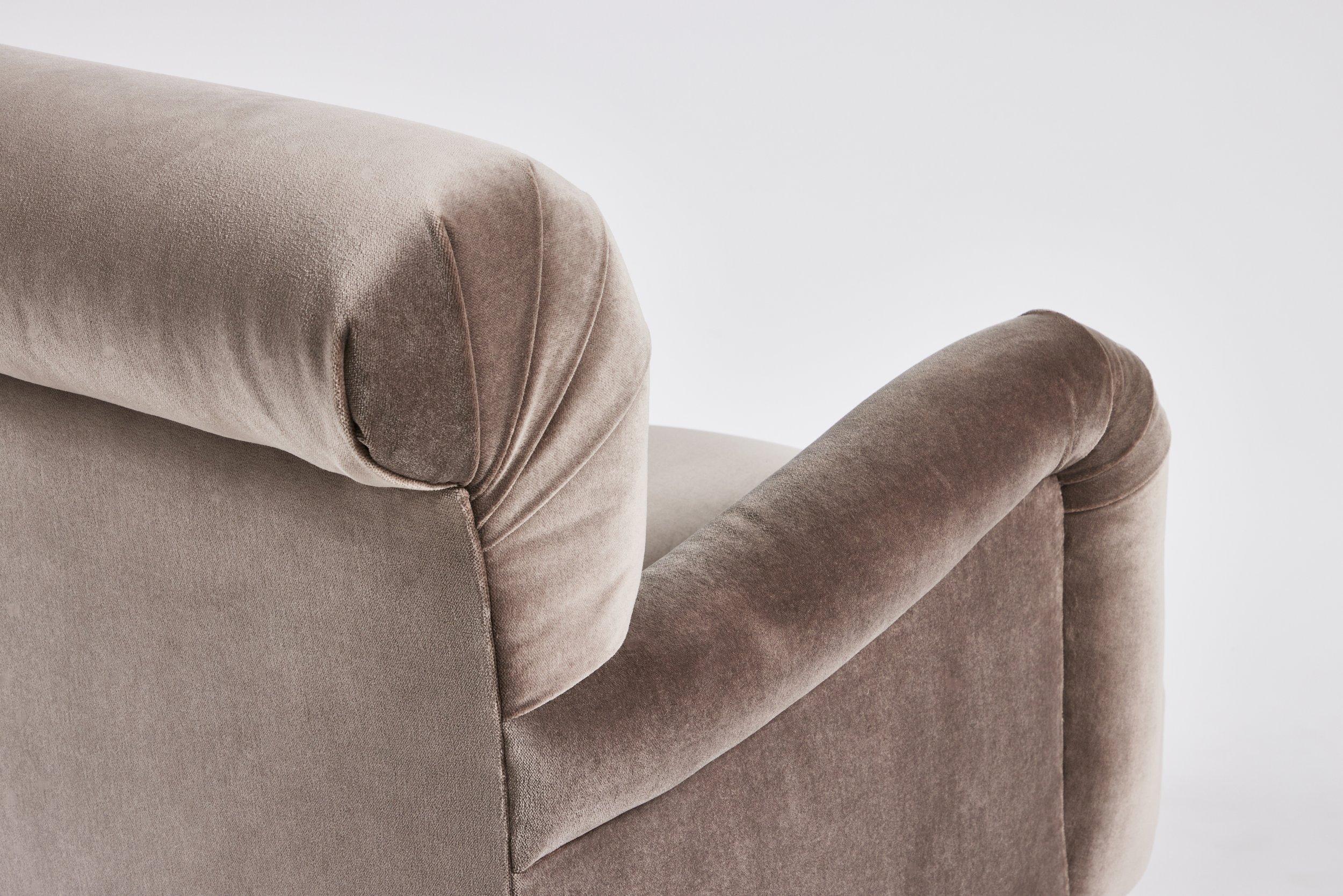 Modern Roll Arm Upholstered Lillian Chair Turned Legs by Martin and Brockett For Sale 5