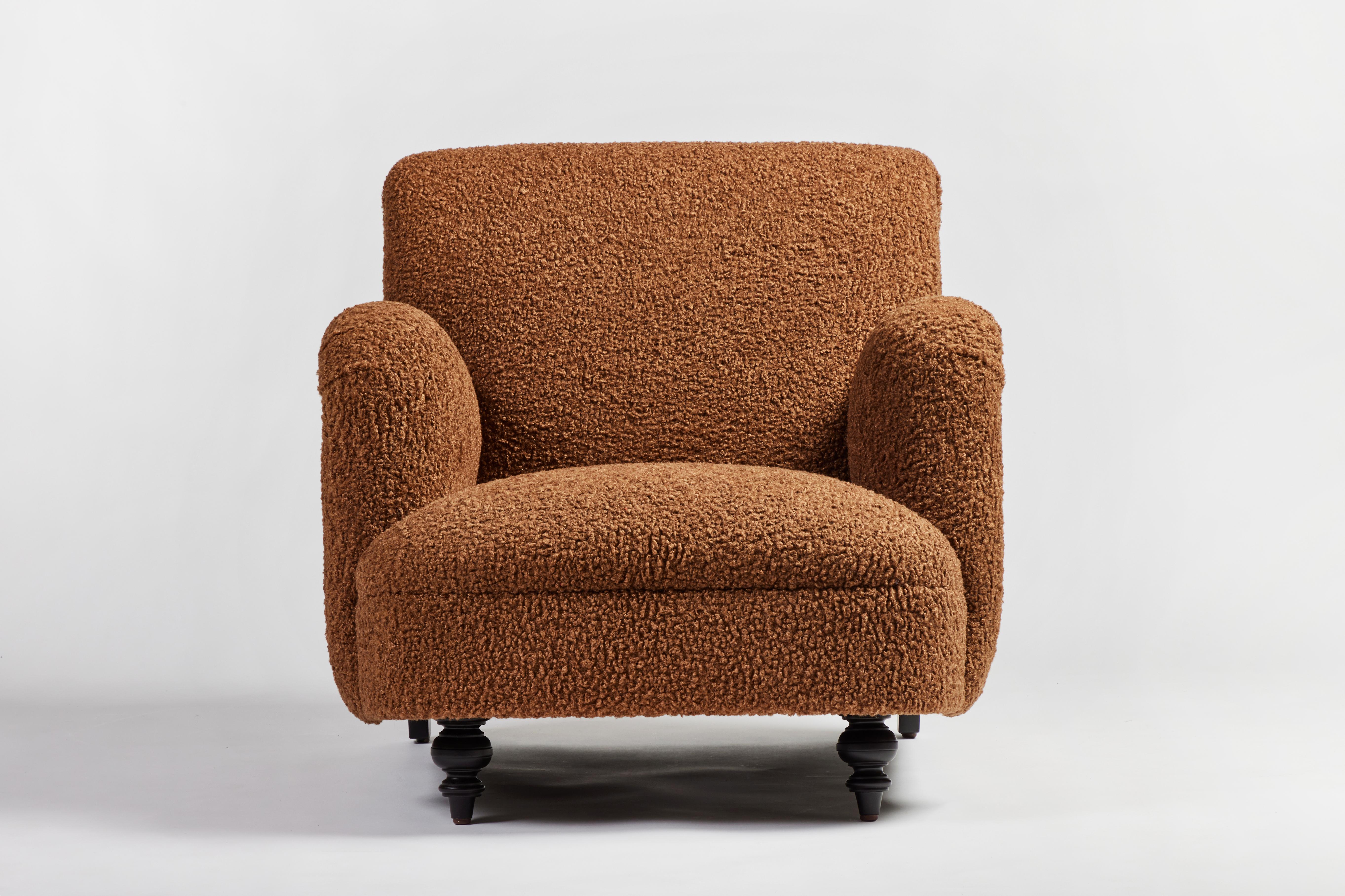 Modern Roll Arm Upholstered Lillian Chair Turned Legs by Martin and Brockett For Sale 9