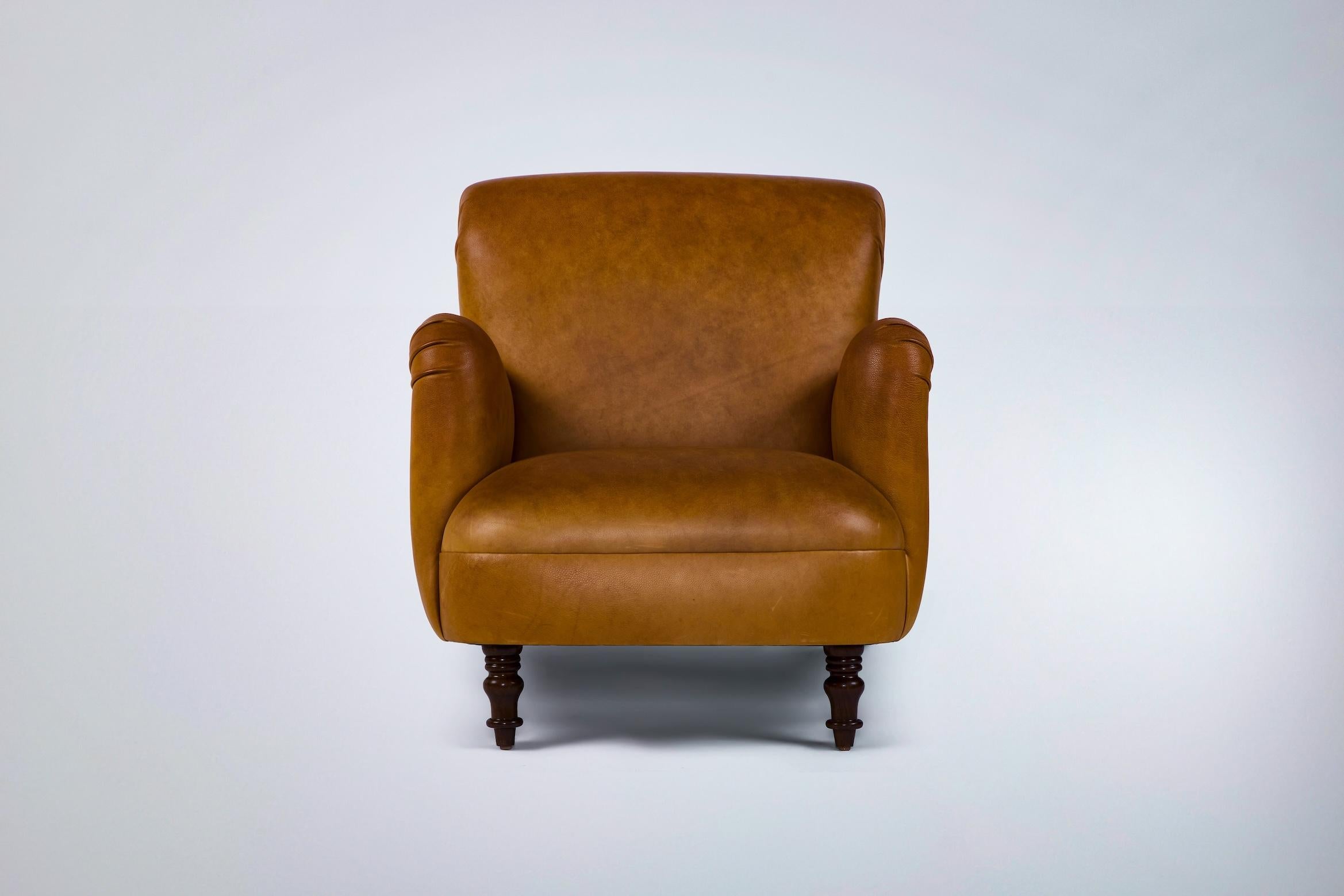 American Modern Roll Arm Upholstered Lillian Chair Turned Legs by Martin and Brockett For Sale
