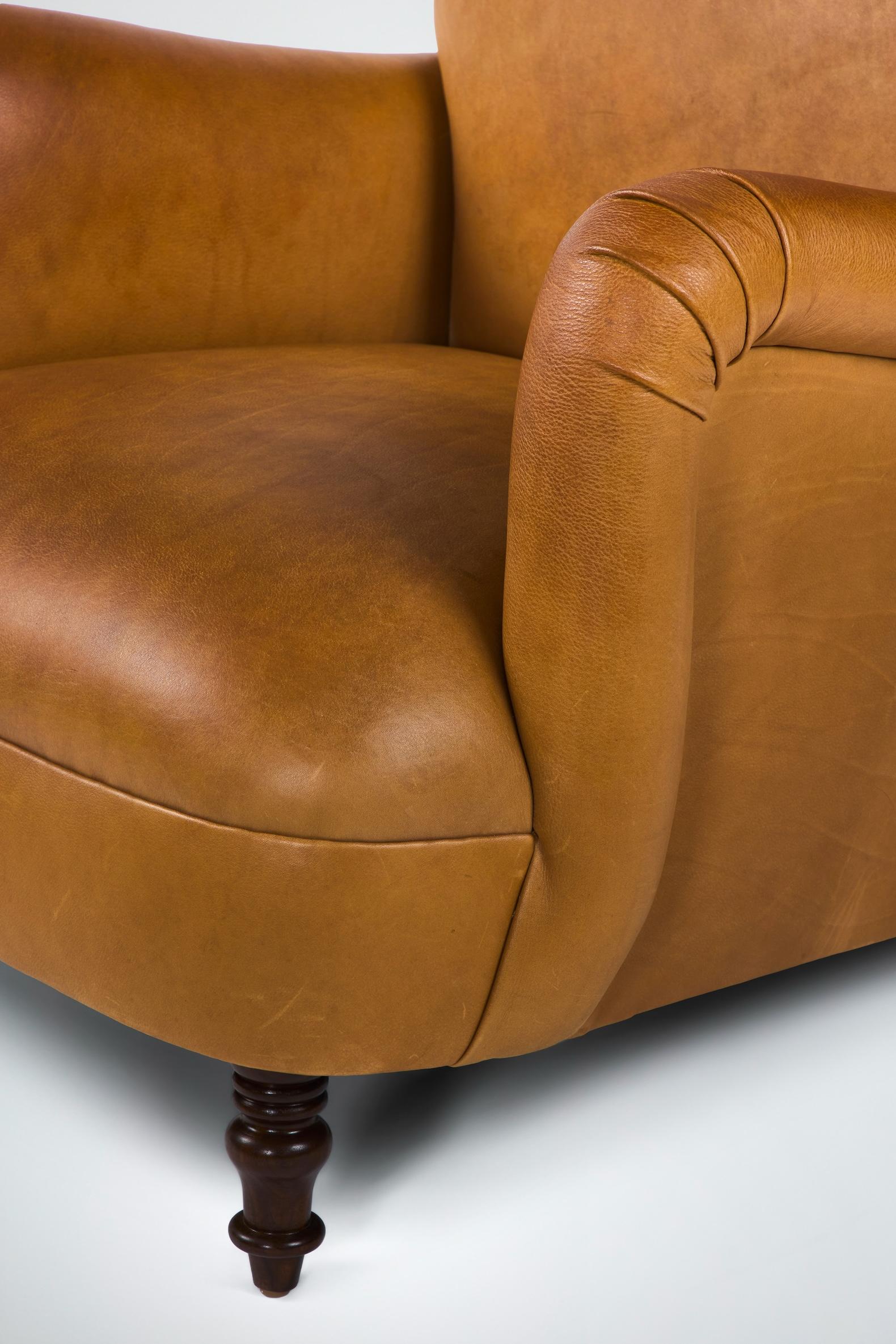 Contemporary Modern Roll Arm Upholstered Lillian Chair Turned Legs by Martin and Brockett For Sale