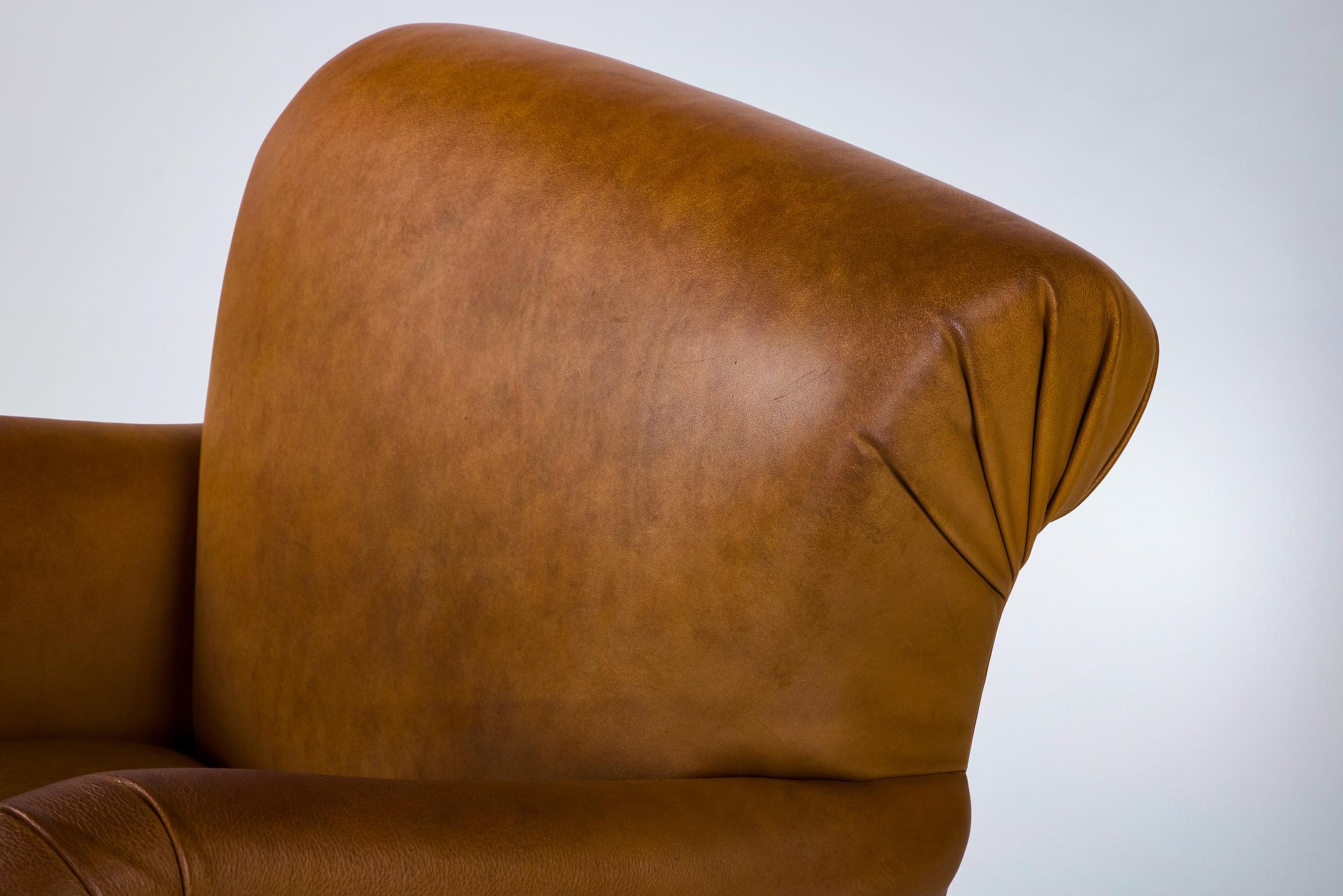 Upholstery Modern Roll Arm Upholstered Lillian Chair Turned Legs by Martin and Brockett For Sale