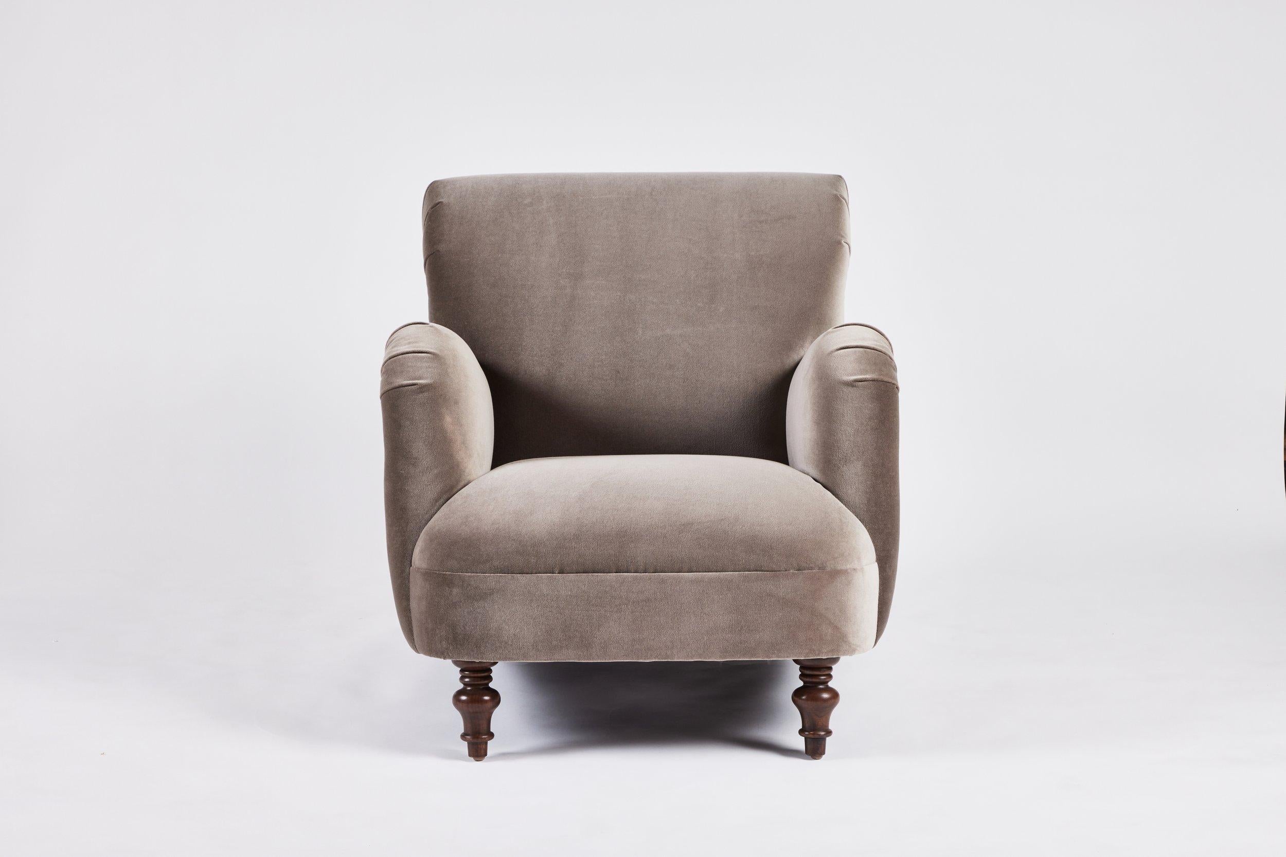 Modern Roll Arm Upholstered Lillian Chair Turned Legs by Martin and Brockett For Sale 1