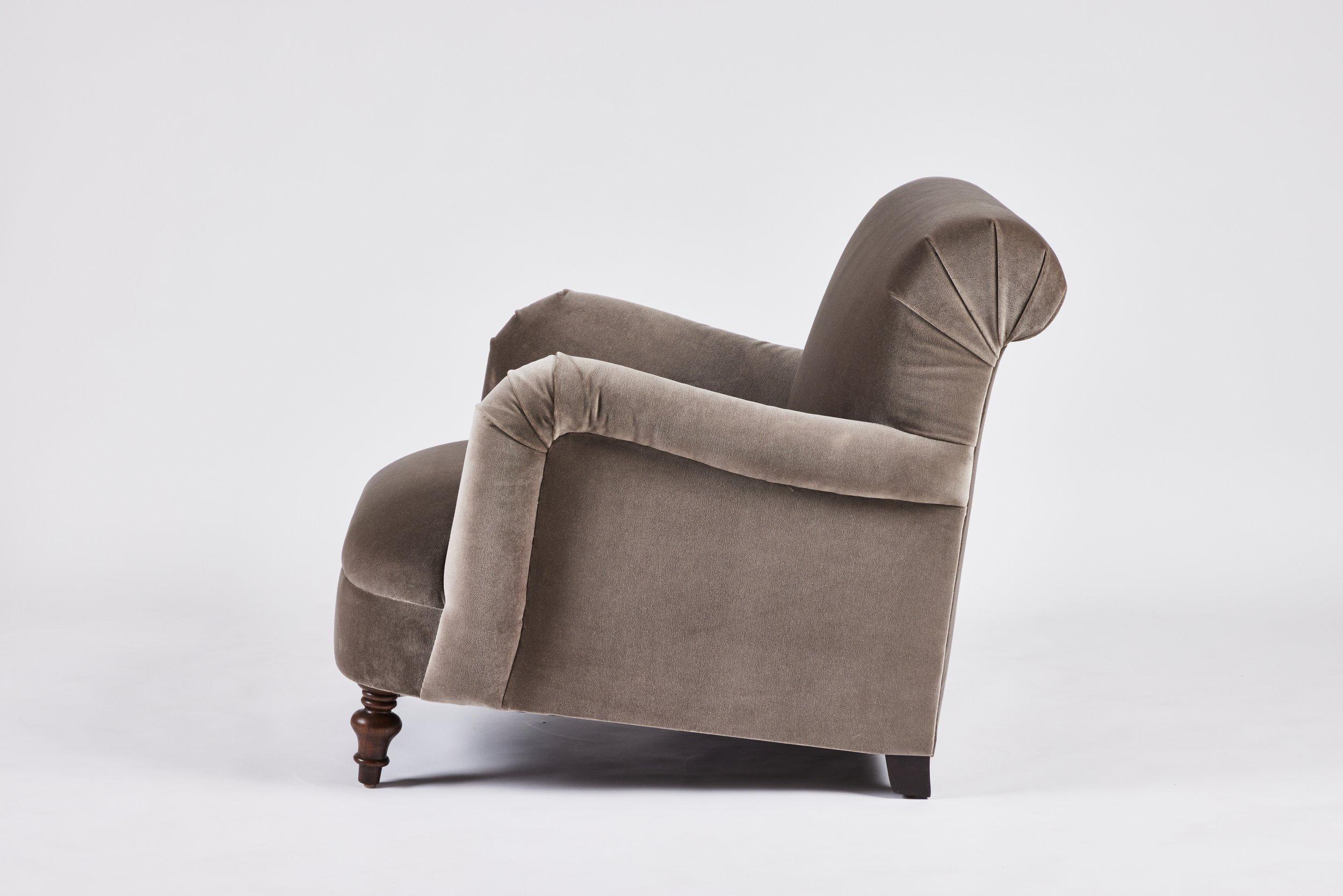 Modern Roll Arm Upholstered Lillian Chair Turned Legs by Martin and Brockett For Sale 3