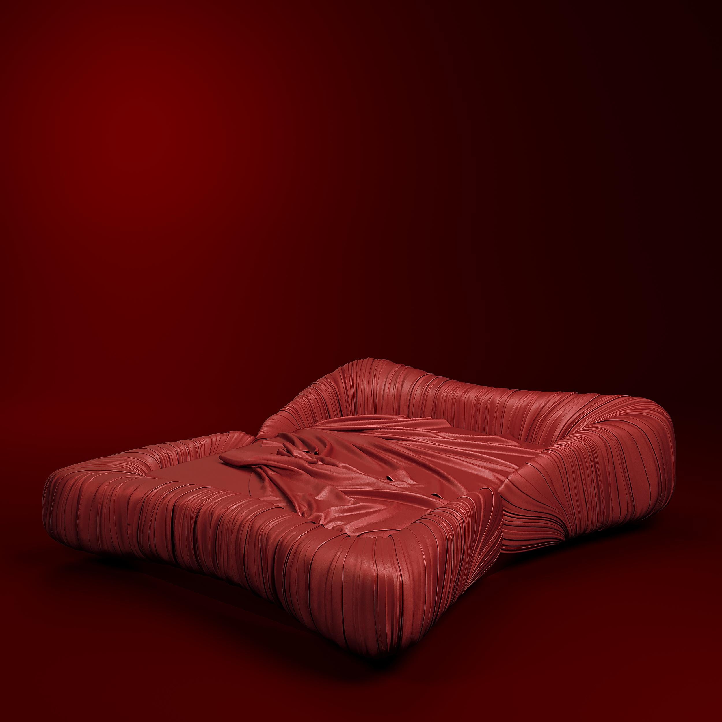 This piece is handcrafted and produced specifically for each customer. The bed, which has modern and romantic touches, is completely covered with a special fabric using a drape technique. The bed base is produced using wood and metal materials. Only