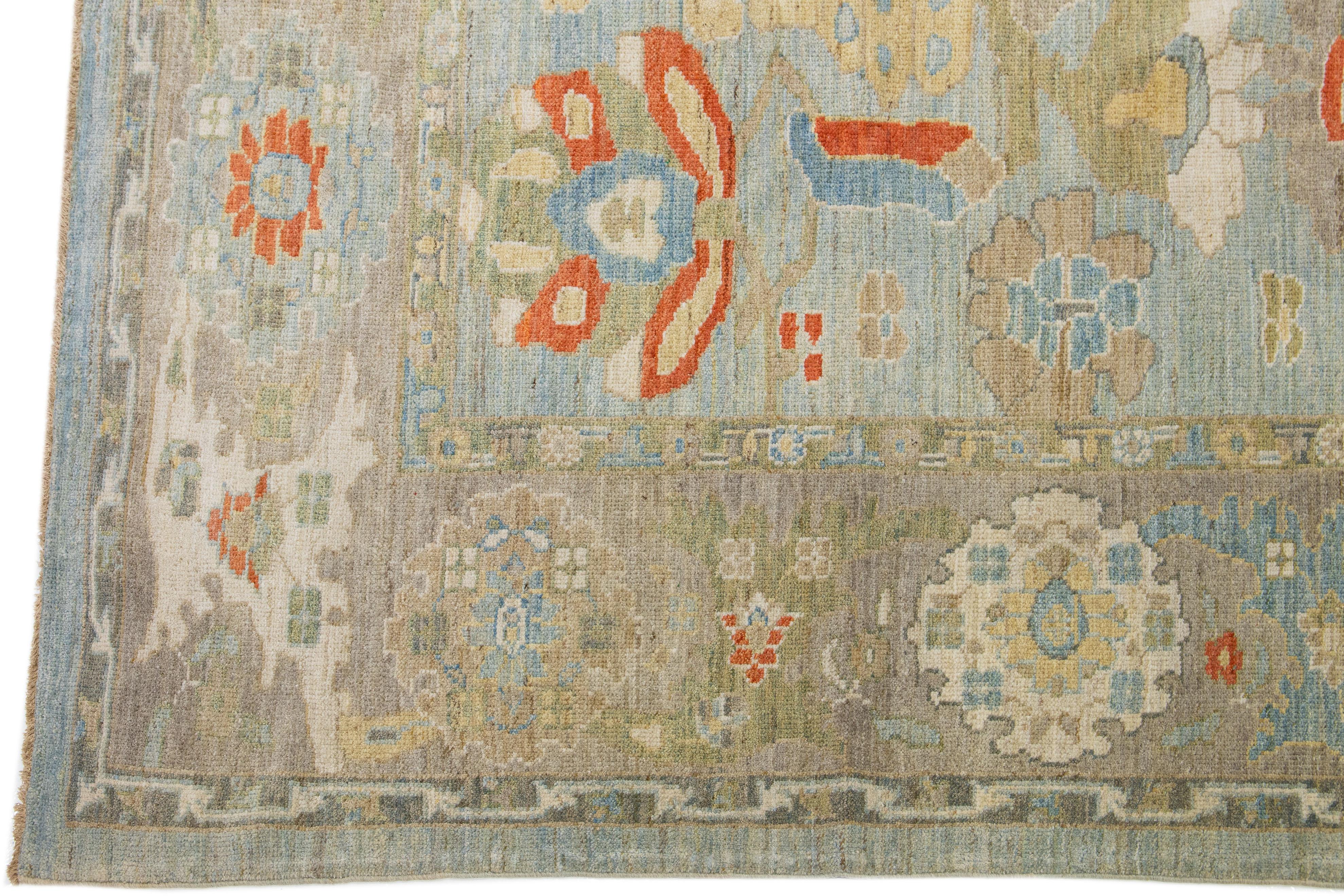Hand-Knotted Modern Room Size Light Blue Floral Sultanabad Wool Rug  For Sale