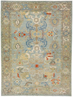Modern Room Size Hellblau Floral Sultanabad Wool Rug 