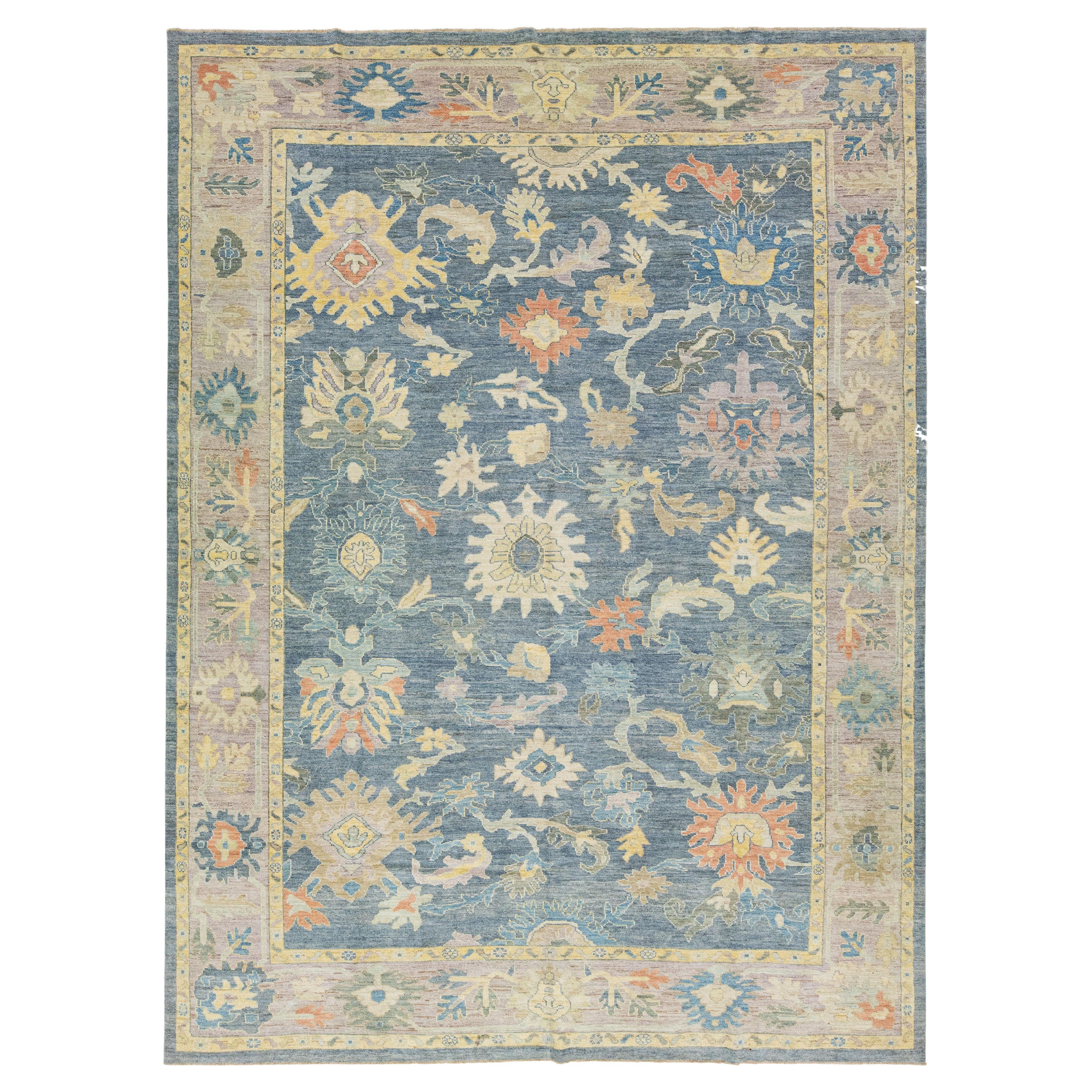 Modern Room Size Navy Blue Floral Sultanabad Wool Rug For Sale