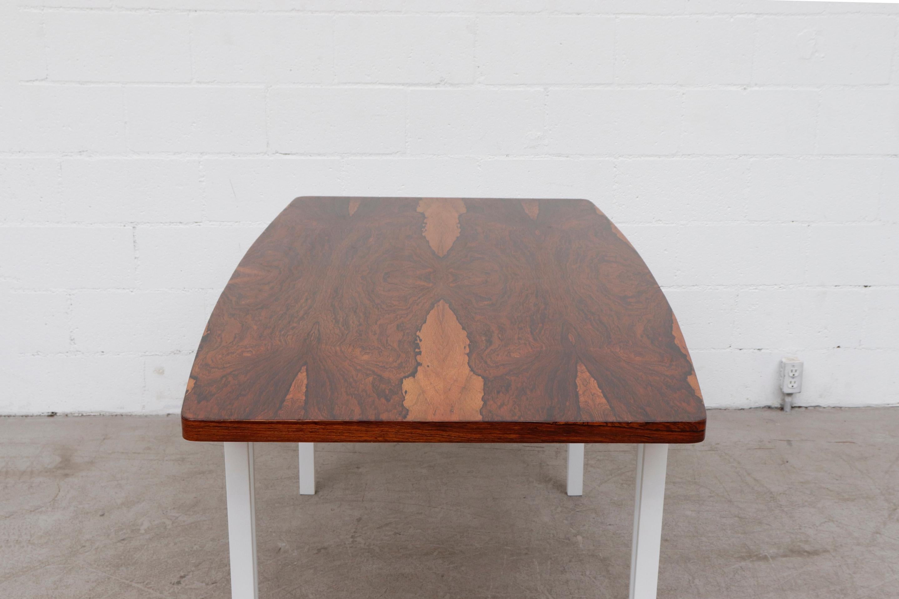 Dutch Modern Rosewood Bowed Top Dining Table with White Geometric Metal Frame For Sale