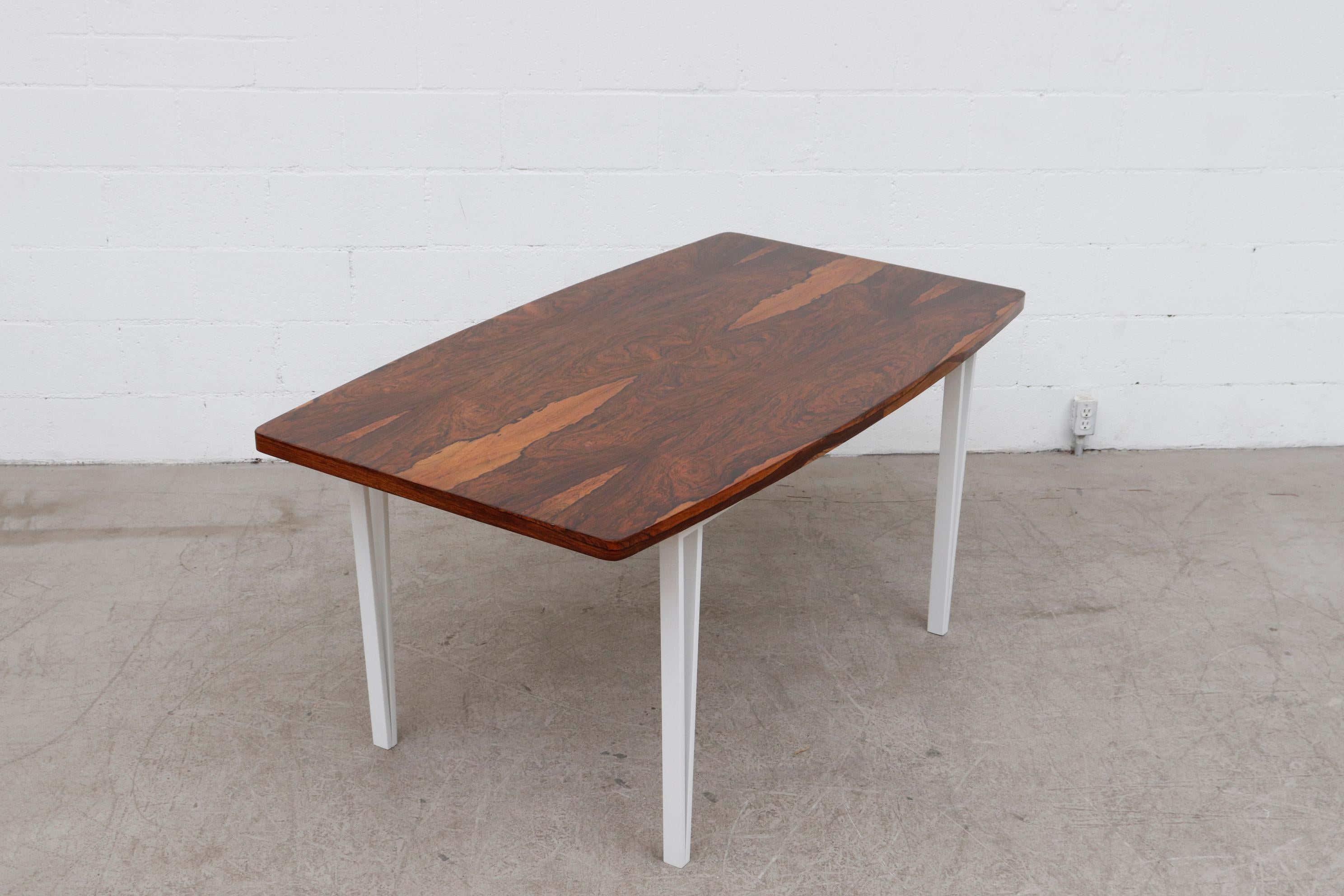 Modern Rosewood Bowed Top Dining Table with White Geometric Metal Frame In Good Condition For Sale In Los Angeles, CA