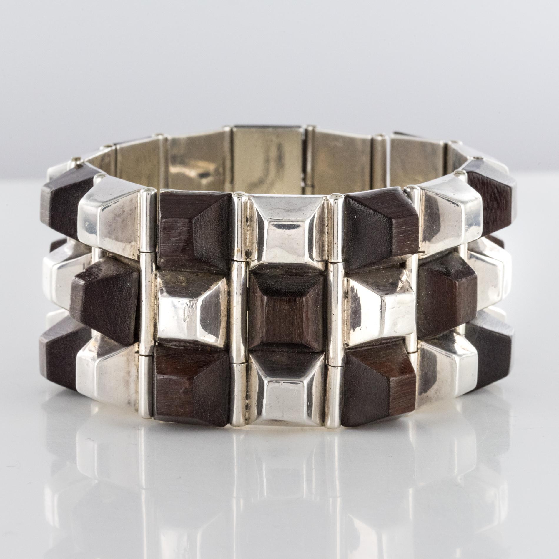 Modern Rosewood Silver Designer Cuff Bracelet For Sale 4