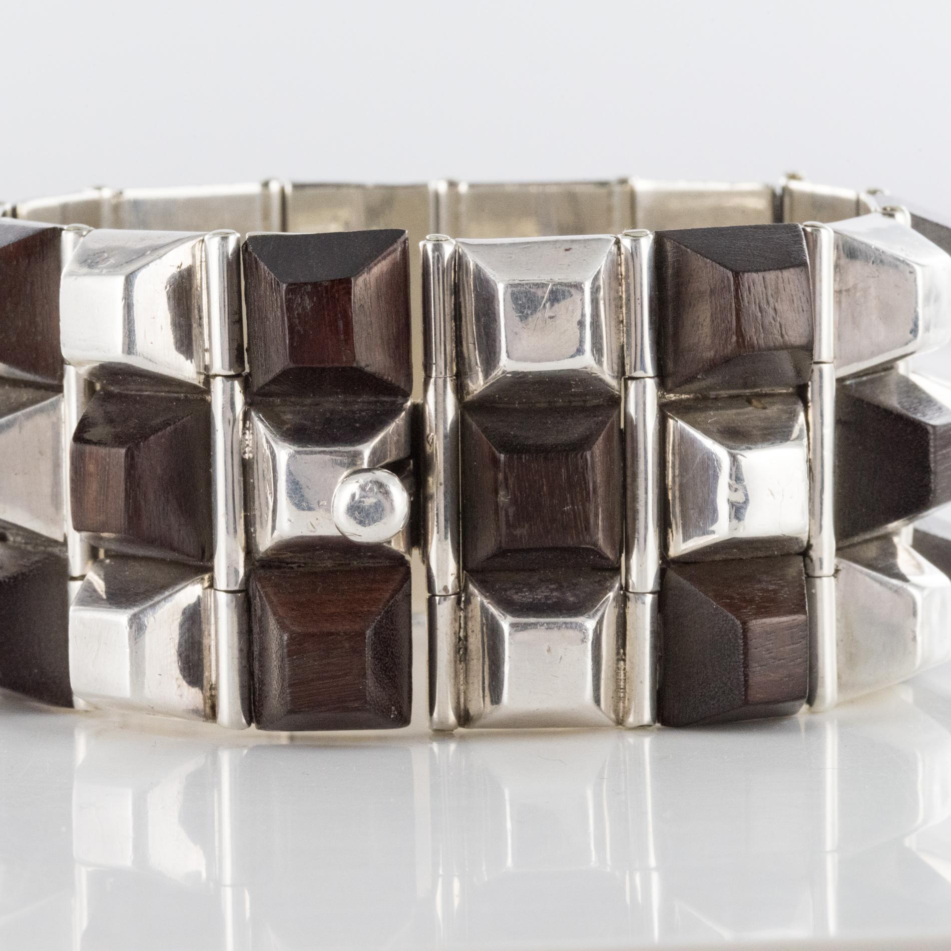Modern Rosewood Silver Designer Cuff Bracelet For Sale 5
