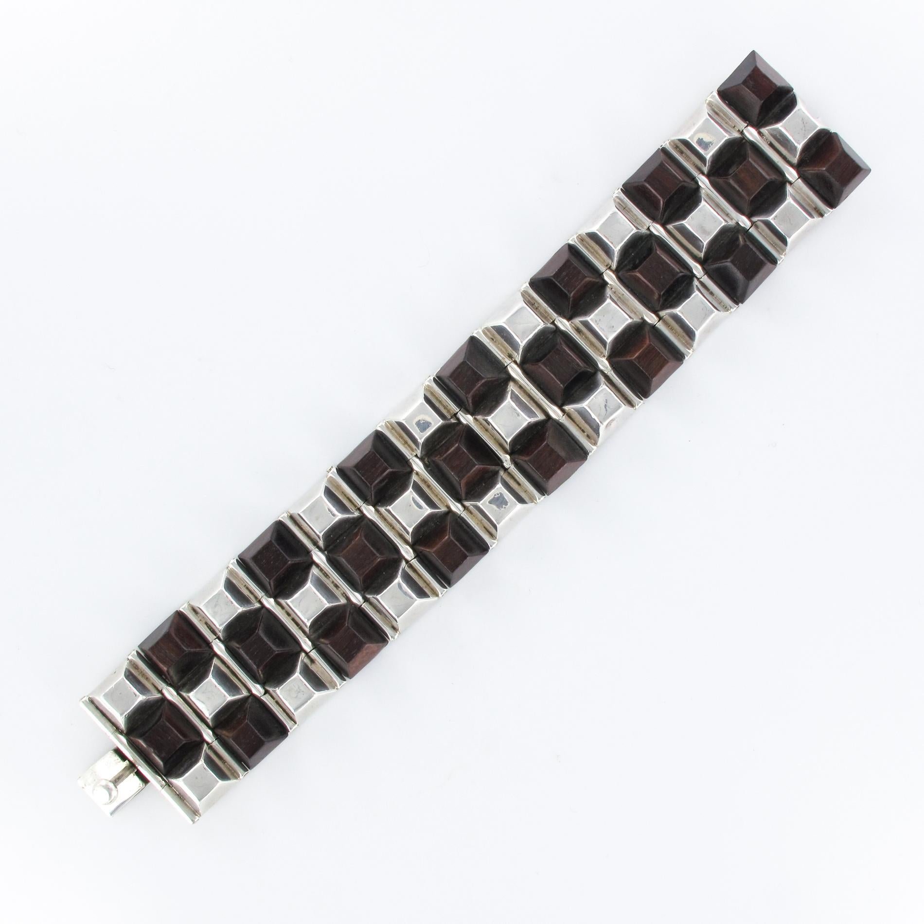 Modern Rosewood Silver Designer Cuff Bracelet For Sale 8