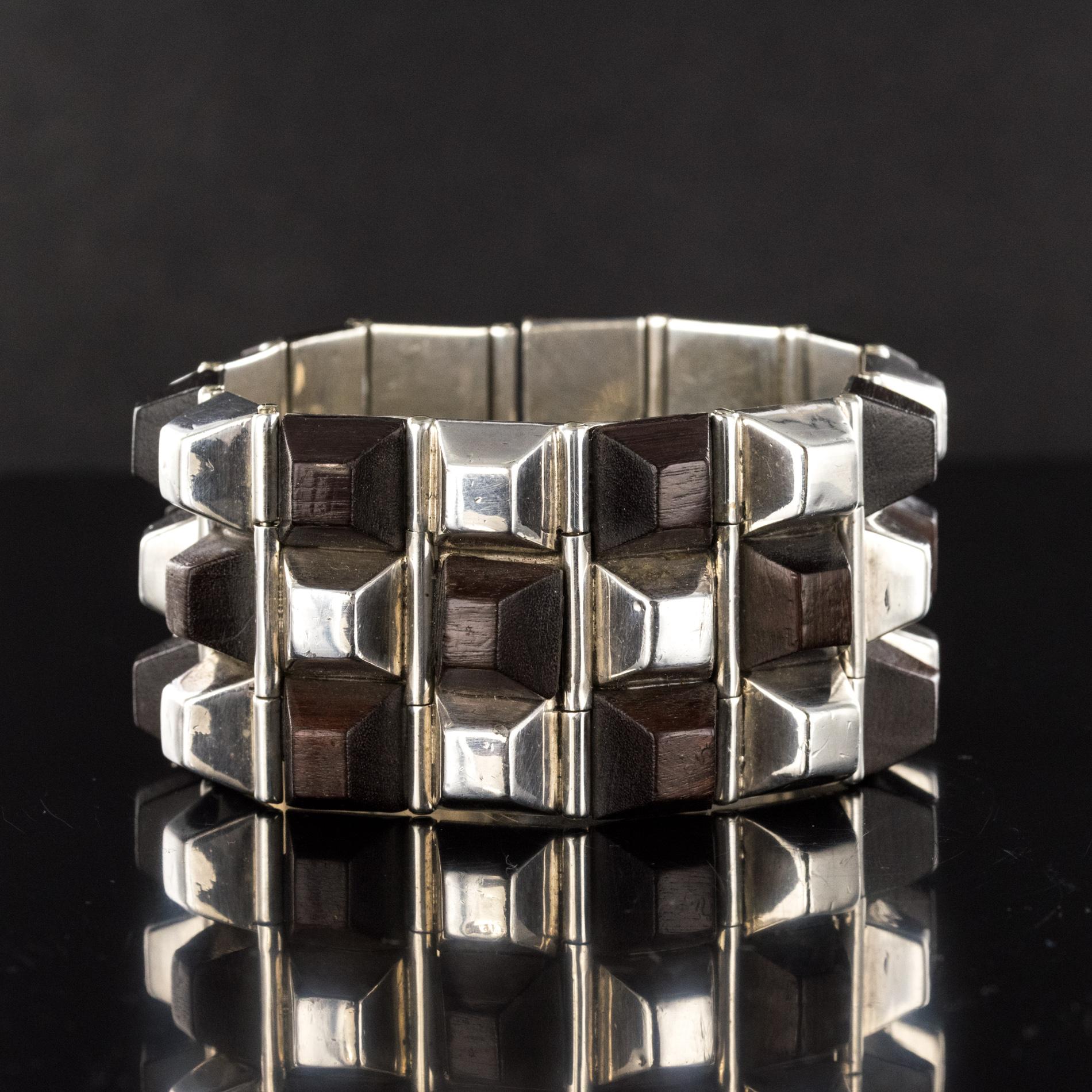 Modern Rosewood Silver Designer Cuff Bracelet For Sale 1