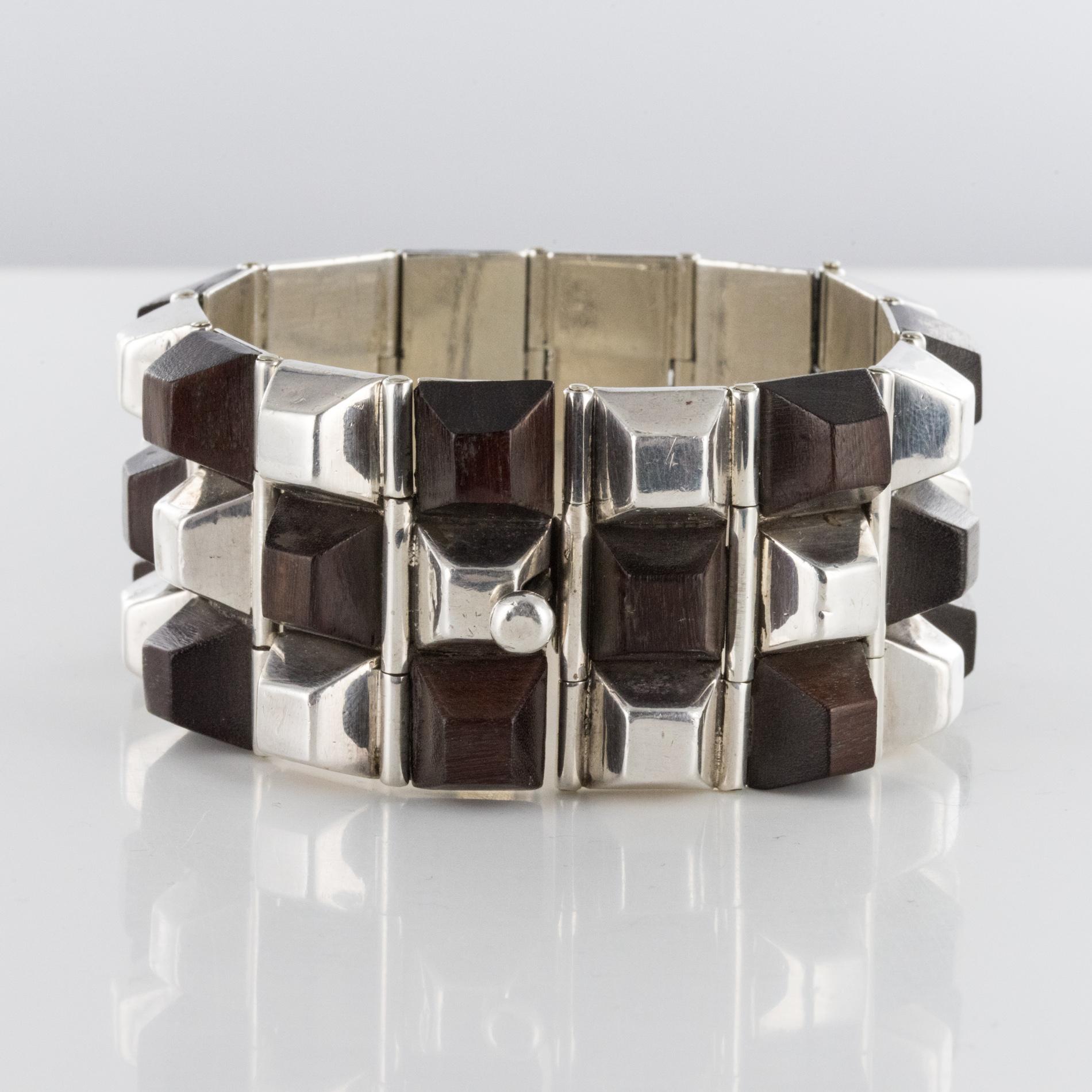 Modern Rosewood Silver Designer Cuff Bracelet For Sale 3