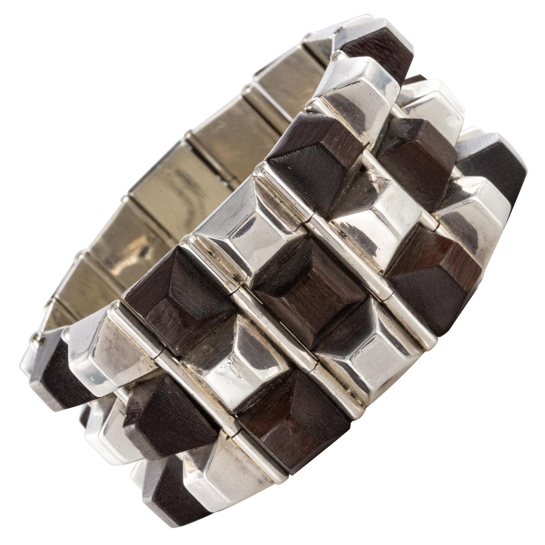 Modern Rosewood Silver Designer Cuff Bracelet