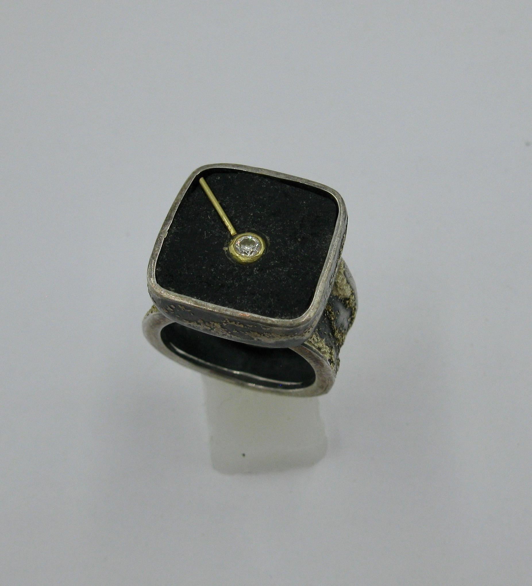 Round Cut Modern Ross Coppelman Ring Sterling Silver Diamond 22 Karat Gold Hardstone Retro