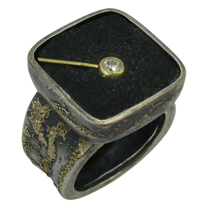 Modern Ross Coppelman Ring Sterling Silver Diamond 22 Karat Gold Hardstone Retro