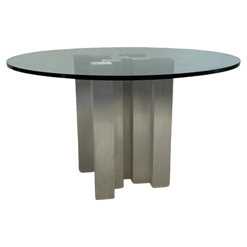 Modern Round Glass Top Table with Architectural Aluminum Base by Paul Mayen For Sale