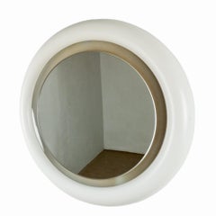 Modern Round Backlit Mirror in White Lacquered Wood - Italy 1970