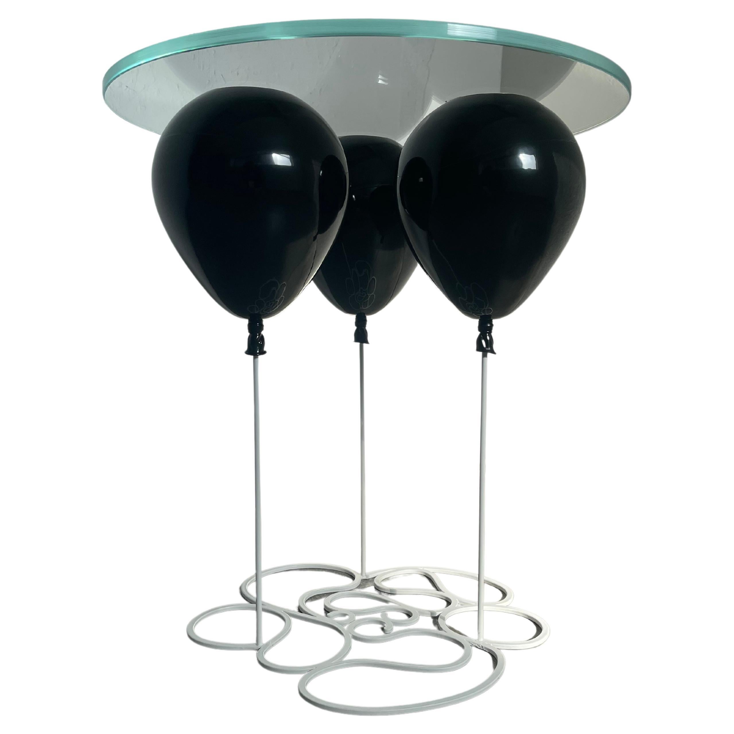 Moderner runder Ballon-Beistelltisch, aus Edelstahl und schwarzem Glas
