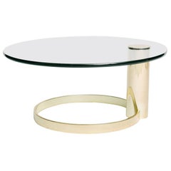 Modern Round Brass and Glass Cantilevered Coffee Table by John Mascheroni