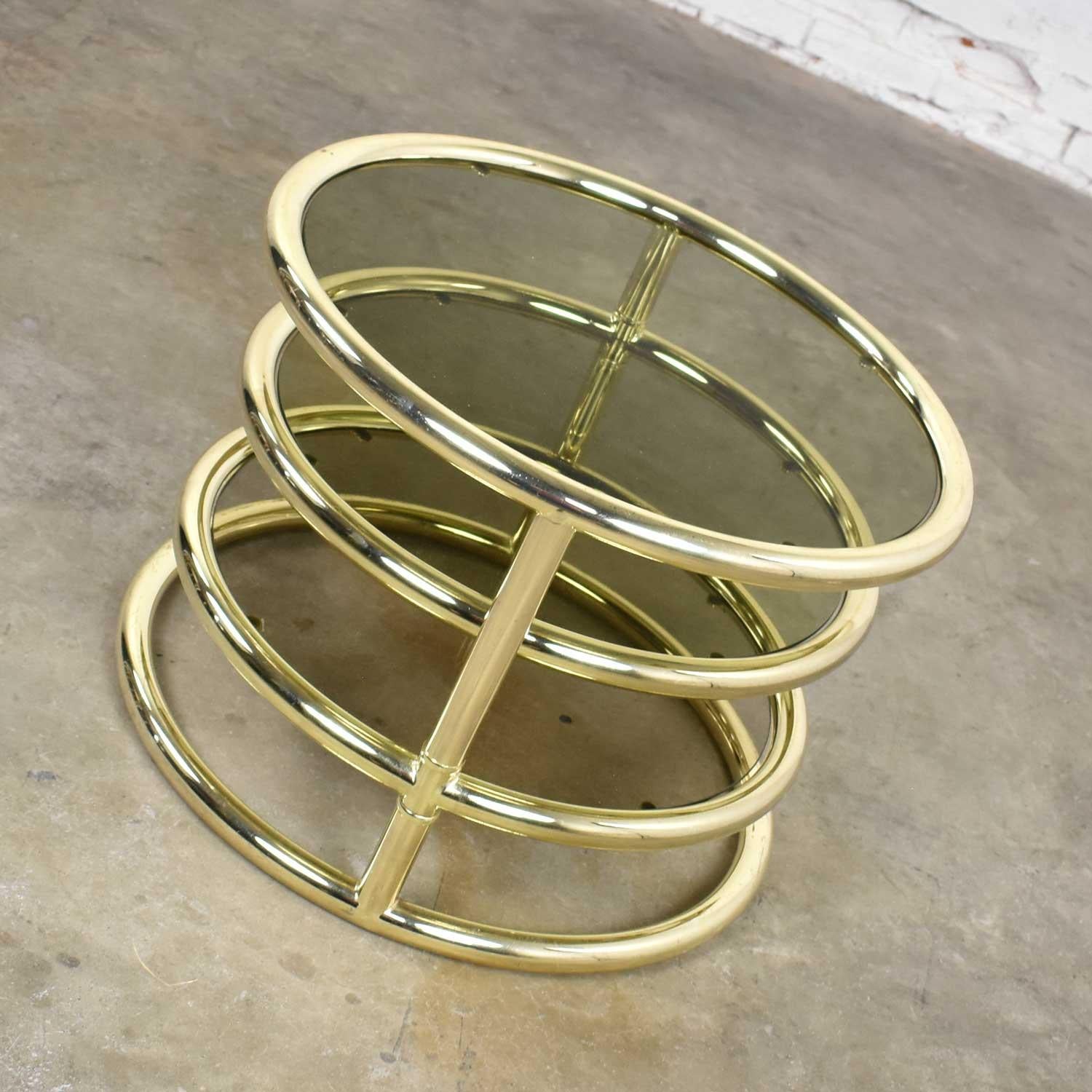 Modern Round Brass & Smoke Glass End Table or Coffee Table with Pivoting Tiers 1