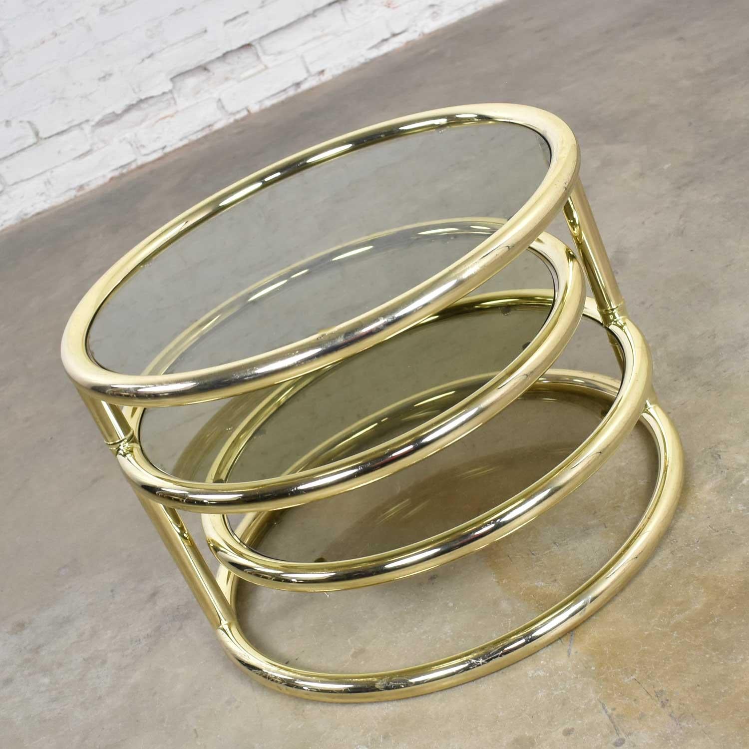 Modern Round Brass & Smoke Glass End Table or Coffee Table with Pivoting Tiers 3