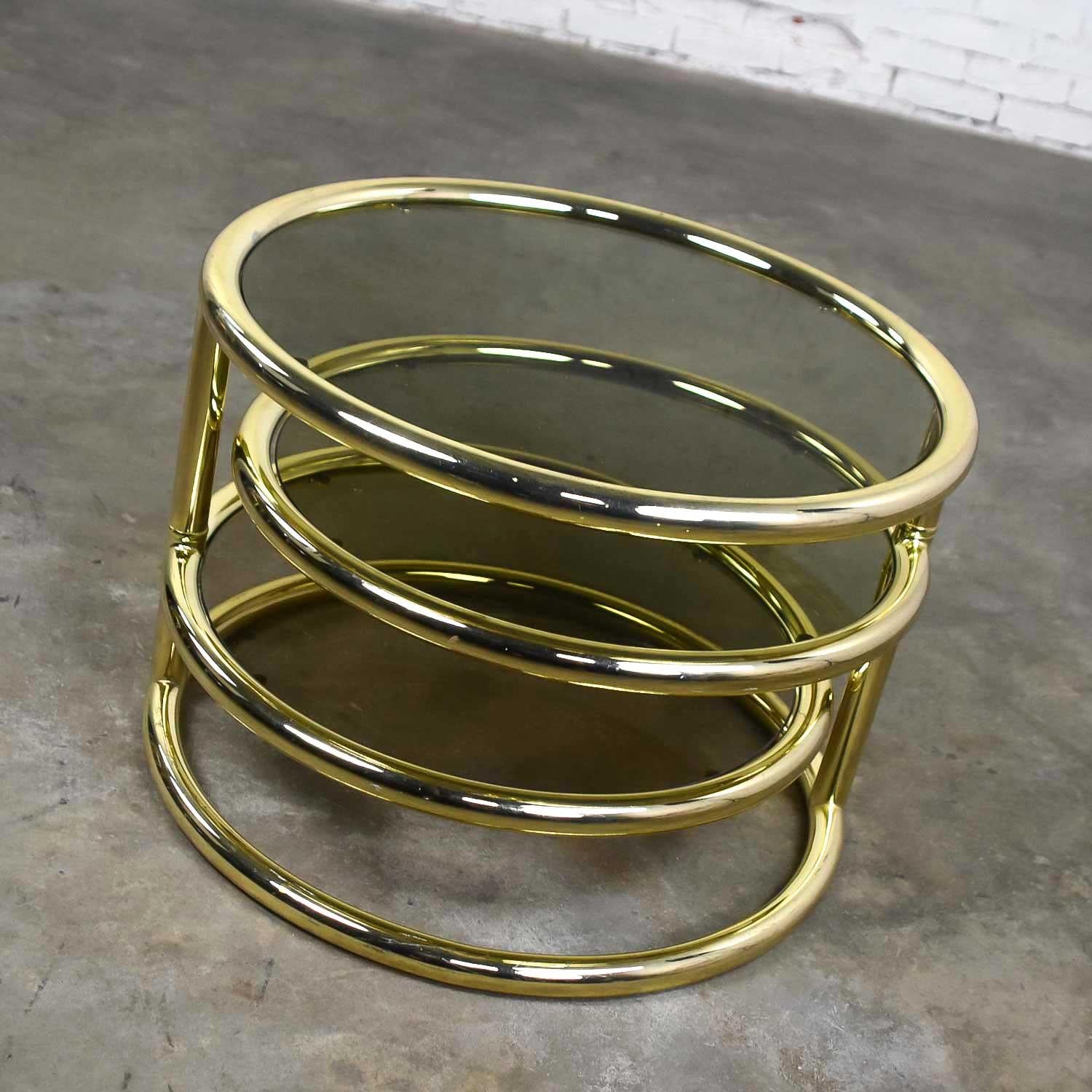 Modern Round Brass & Smoke Glass End Table or Coffee Table with Pivoting Tiers 4