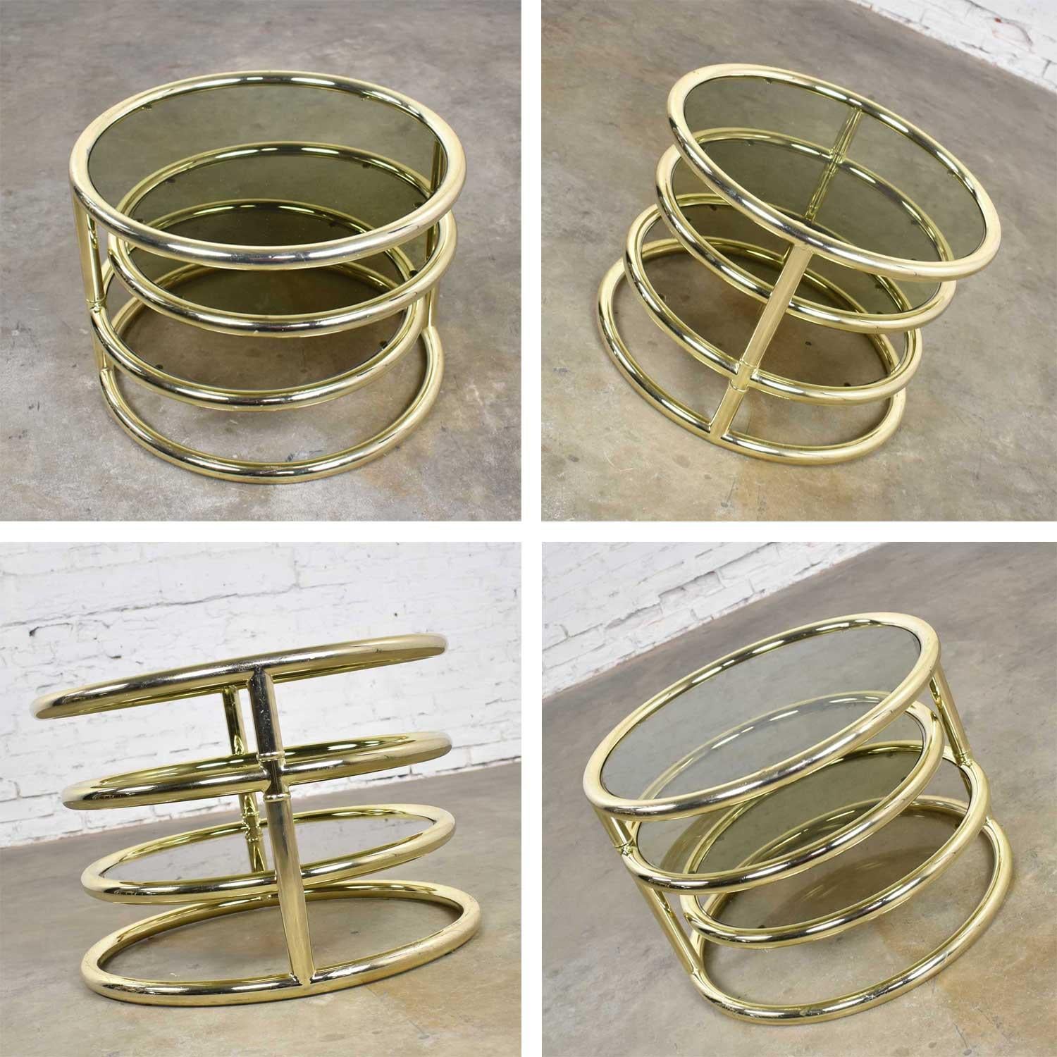 Modern Round Brass & Smoke Glass End Table or Coffee Table with Pivoting Tiers 5