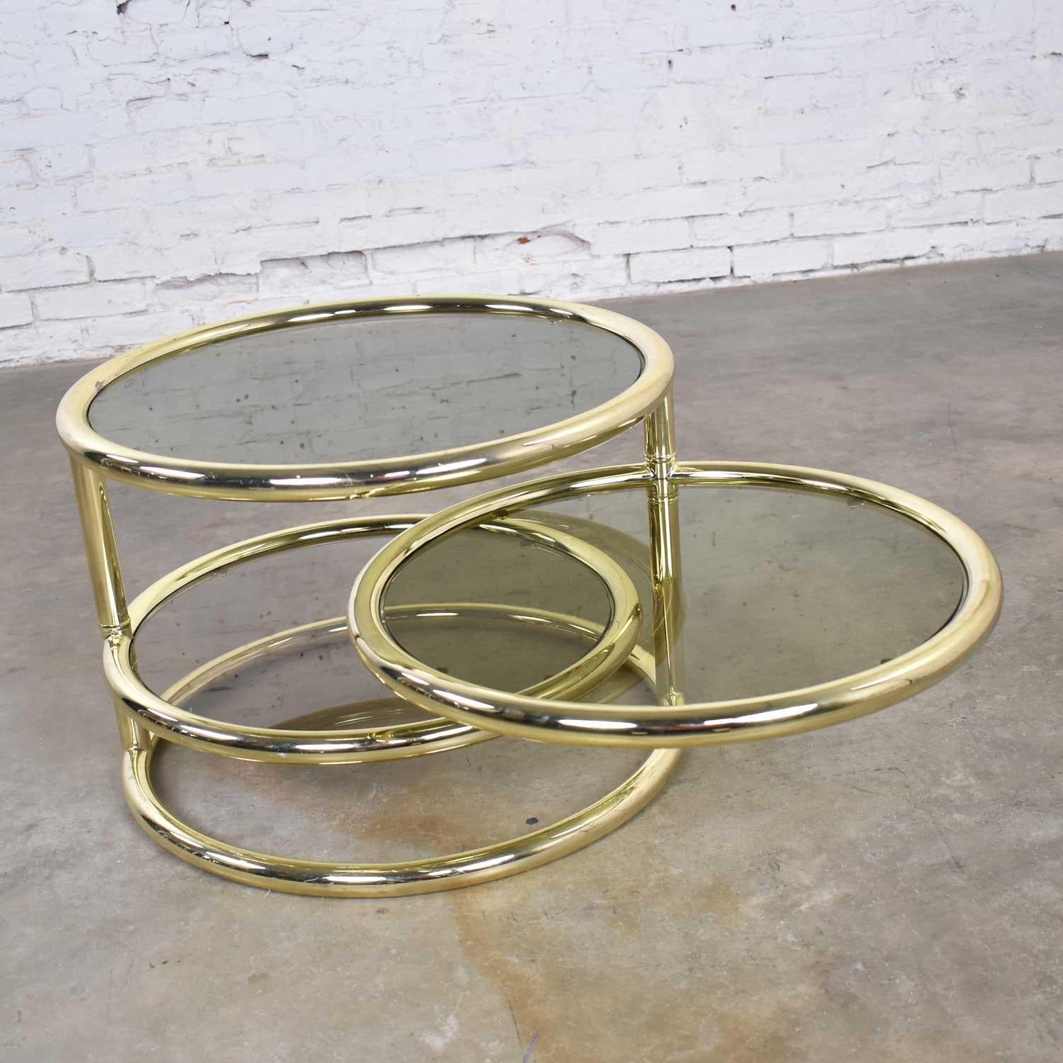 Modern Round Brass & Smoke Glass End Table or Coffee Table with Pivoting Tiers 7