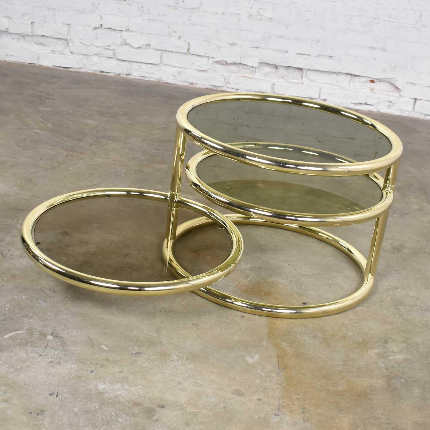 American Modern Round Brass & Smoke Glass End Table or Coffee Table with Pivoting Tiers