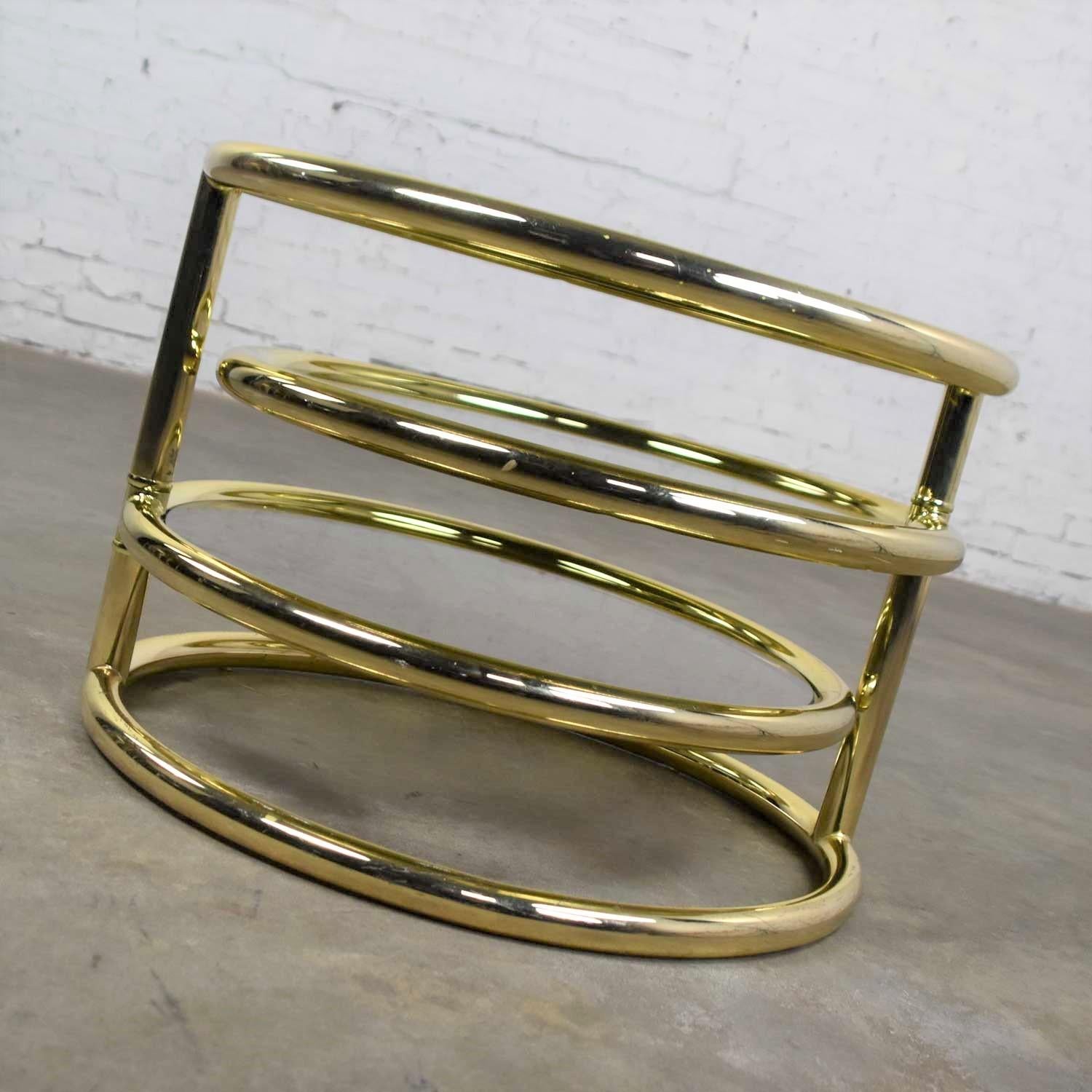 Modern Round Brass & Smoke Glass End Table or Coffee Table with Pivoting Tiers In Good Condition In Topeka, KS