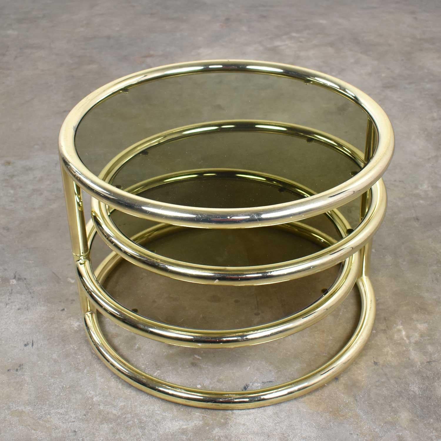 Late 20th Century Modern Round Brass & Smoke Glass End Table or Coffee Table with Pivoting Tiers