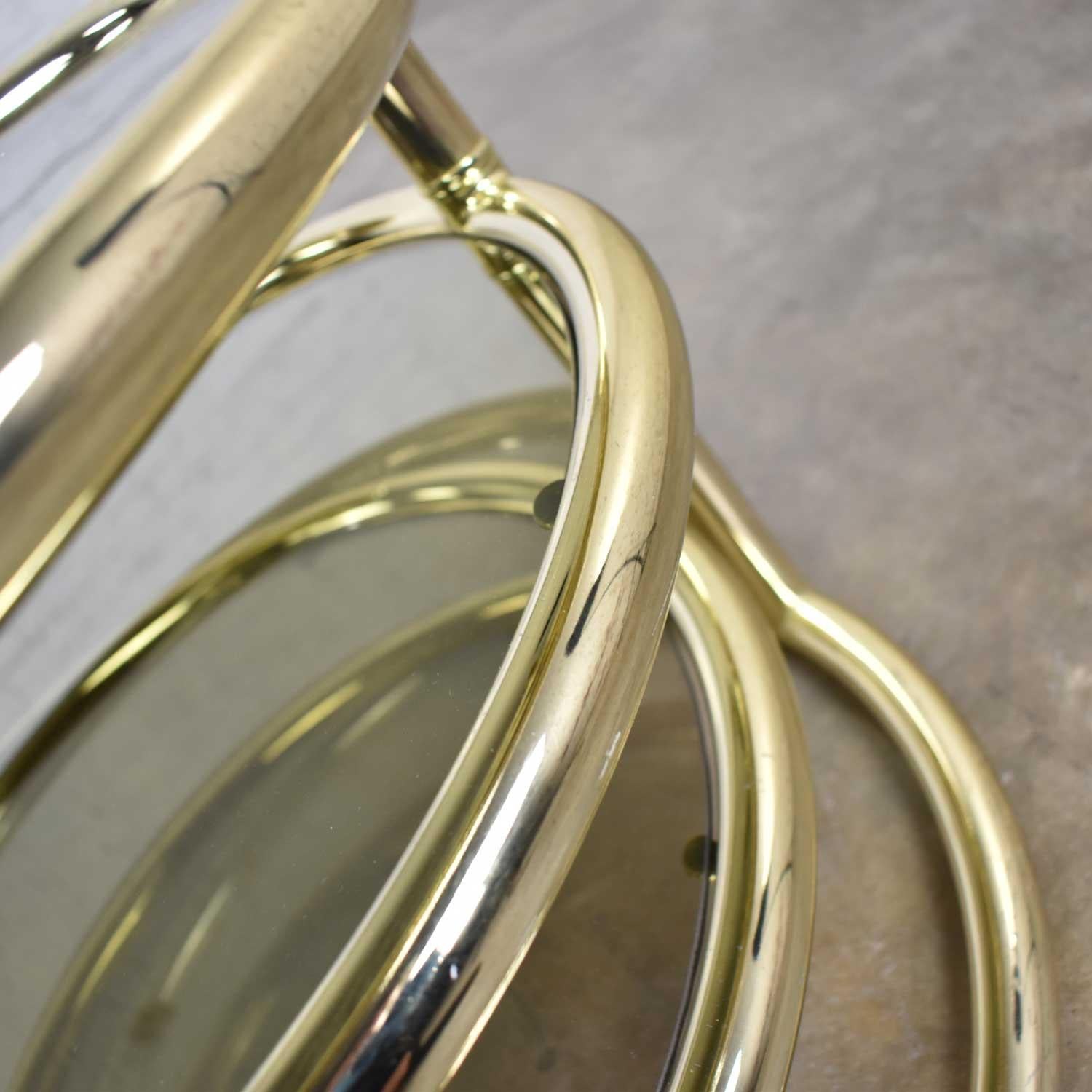 Smoked Glass Modern Round Brass & Smoke Glass End Table or Coffee Table with Pivoting Tiers