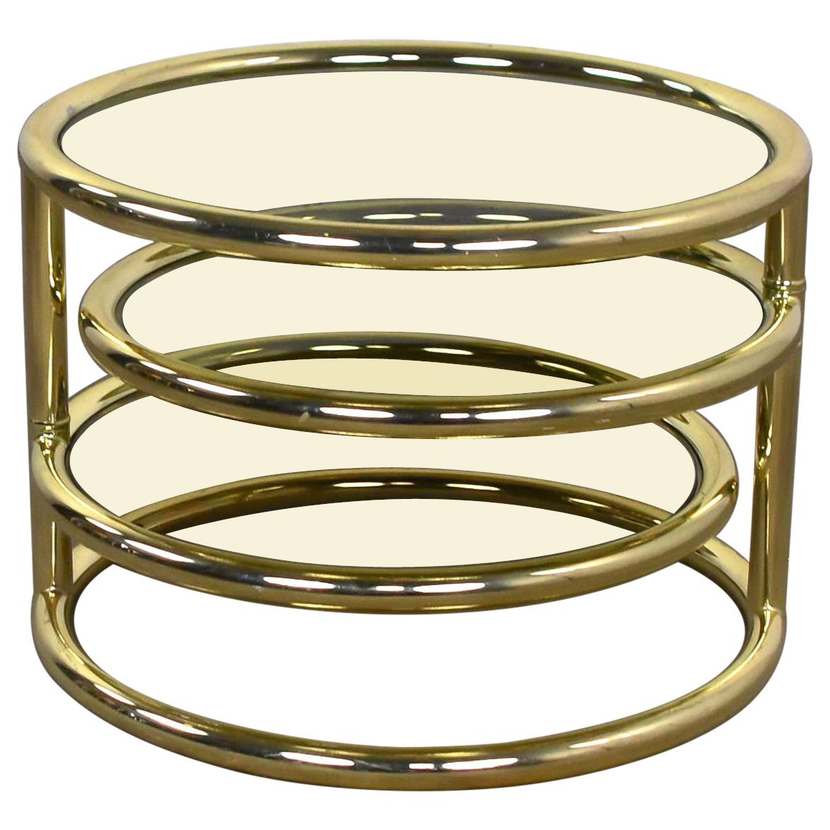 Modern Round Brass & Smoke Glass End Table or Coffee Table with Pivoting Tiers