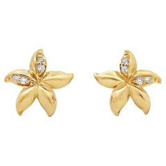 Modern Round Brilliant Diamond 14 Karat Yellow Gold Flower Stud Earrings