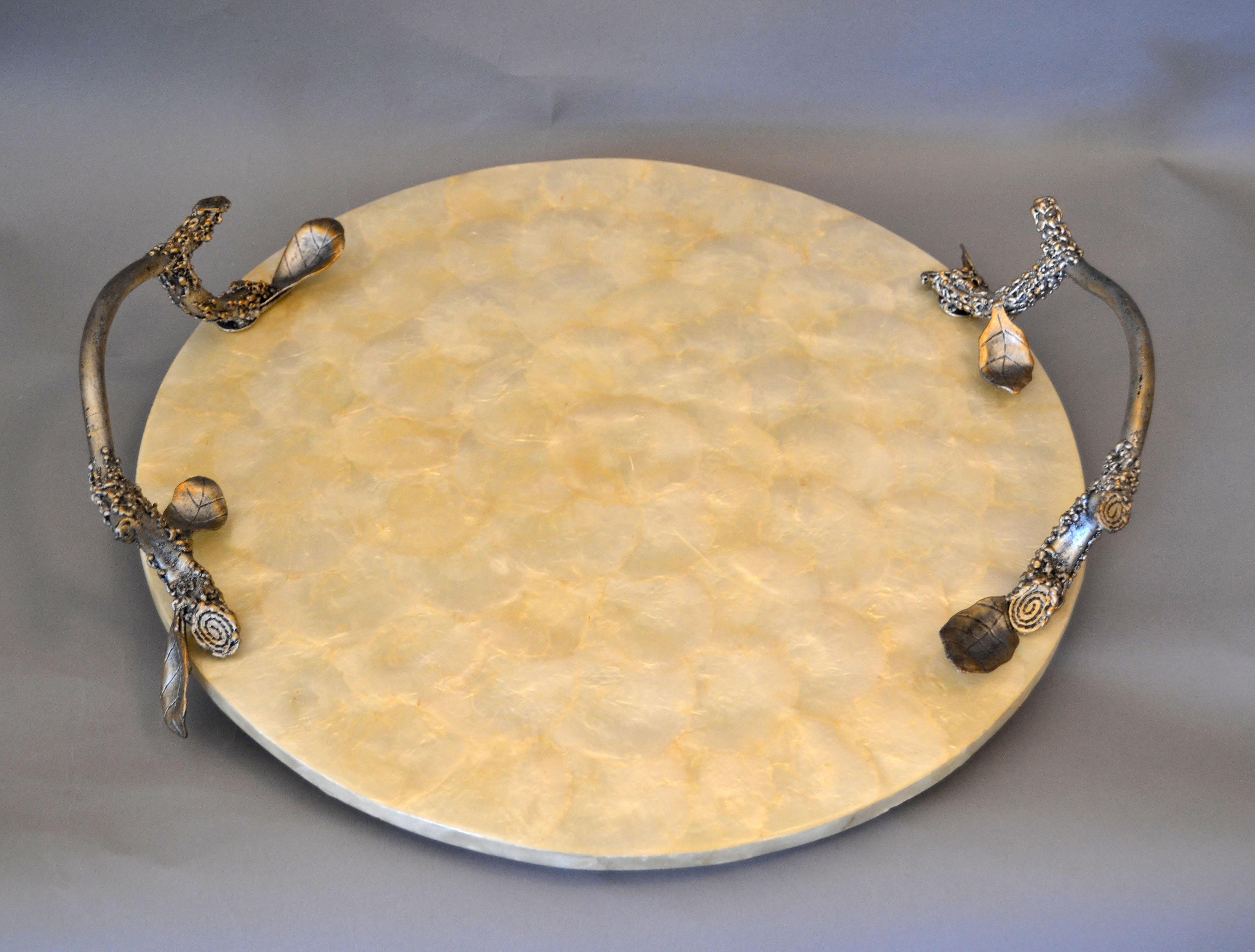 Modern Round Capiz Shell and Pewter Branch Handles Decorative Tray, Serving Tray 3