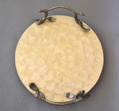 Modern Round Capiz Shell and Pewter Branch Handles Decorative Tray, Serving Tray