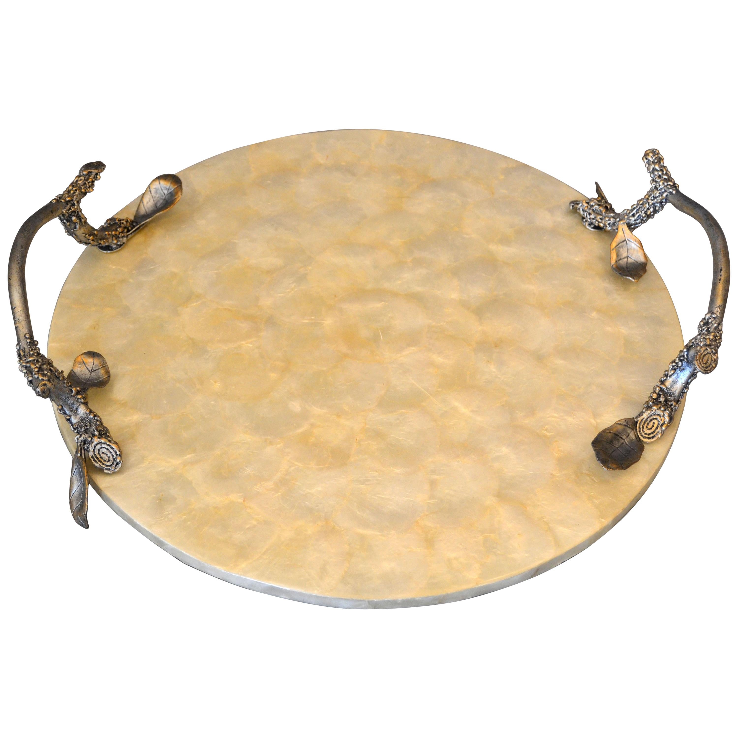 Modern Round Capiz Shell and Pewter Branch Handles Decorative Tray, Serving Tray