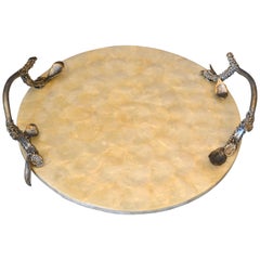 Modern Round Capiz Shell and Pewter Branch Handles Decorative Tray, Serving Tray