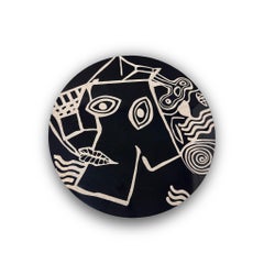 Modern Round Center Coffee Center Table Abstract Pattern Black & White Marquetry