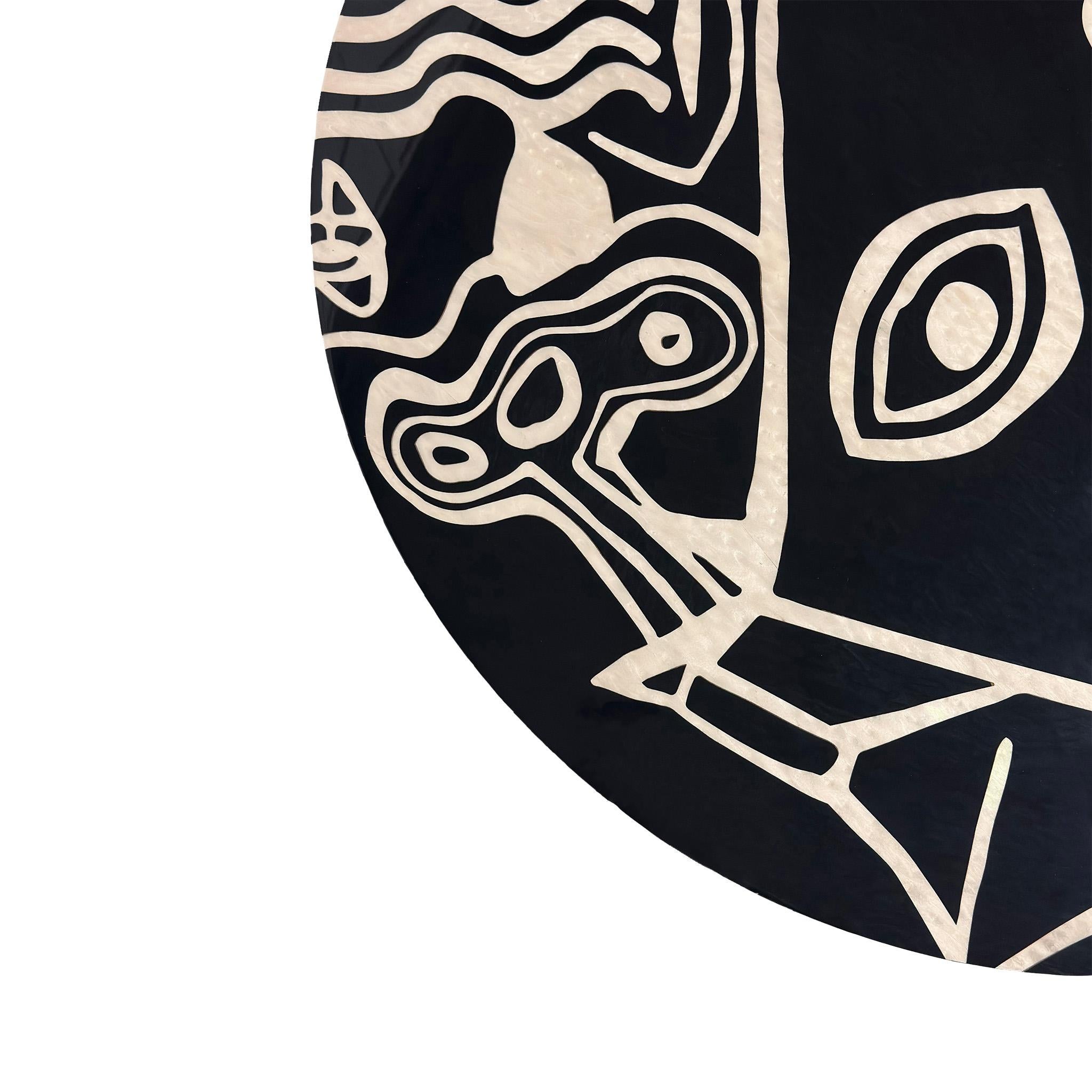 Glazed Modern Round Center Coffee Center Table Abstract Pattern Black & White Marquetry For Sale