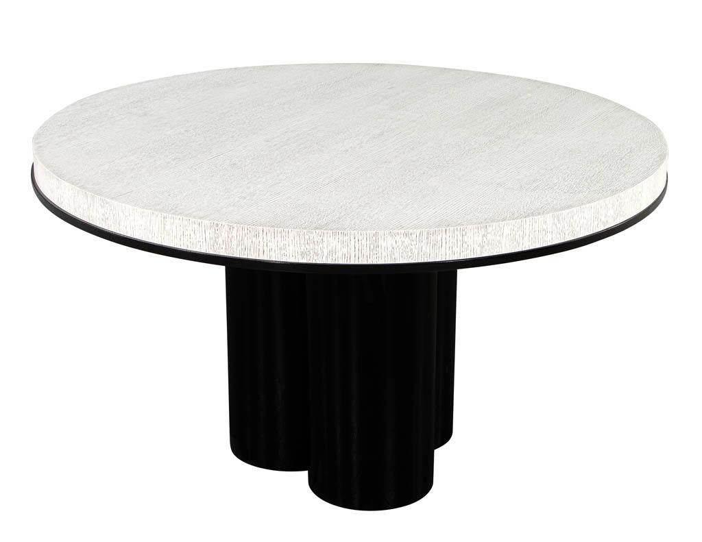 Modern Round Cerused Oak 2 Tone Dining Table with Geometric Metal Pedestal For Sale 4