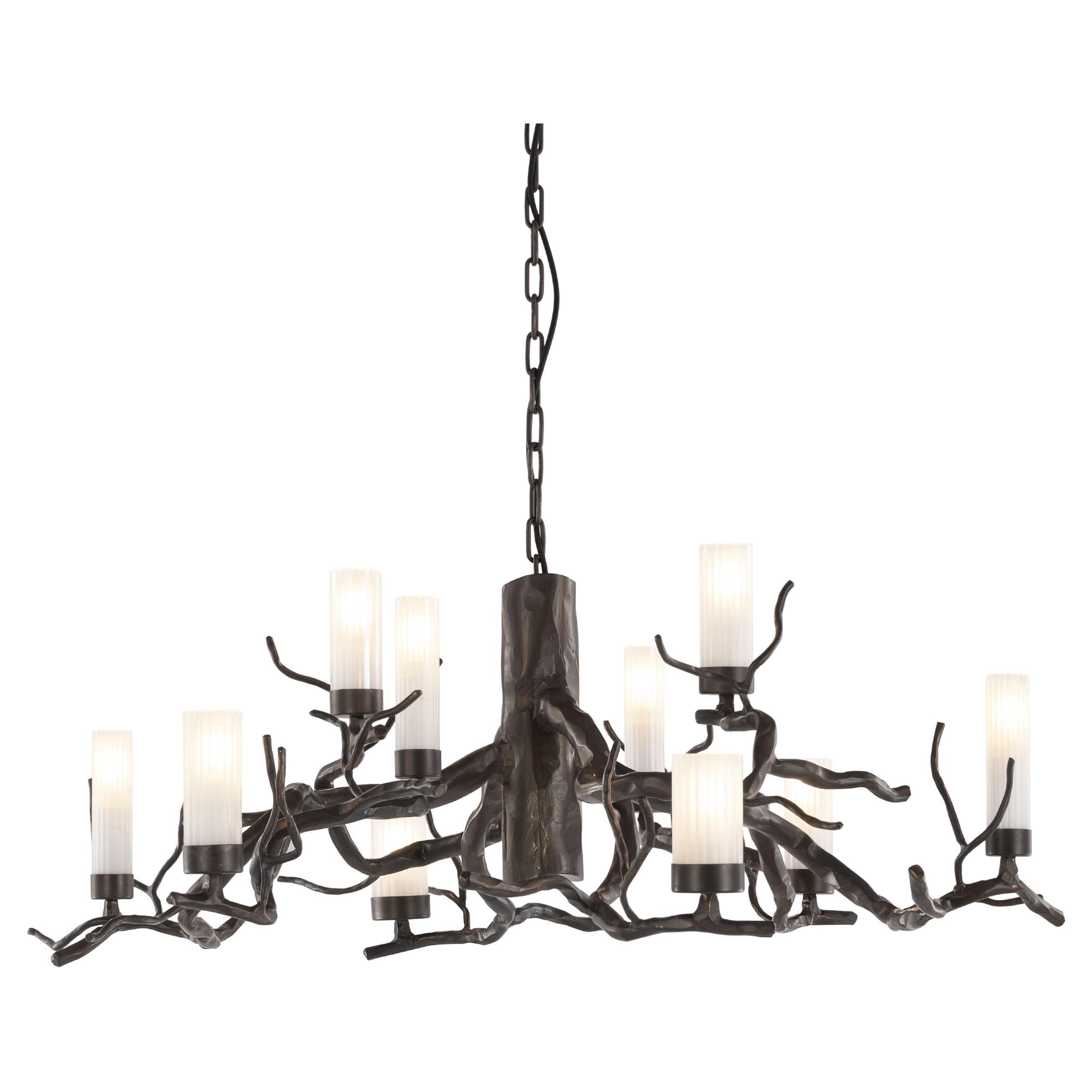 Lampadario moderno rotondo, finitura bronzo patinato scuro, collezione candele Takara