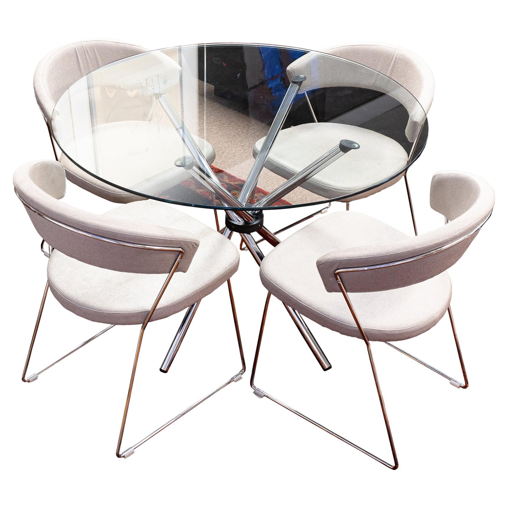 Modern Round Chrome and Glass Dinette Gallery Base Table & 4 Calligaris Chairs