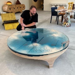 Modern Round Coffee Table in Birch Wood and Glass