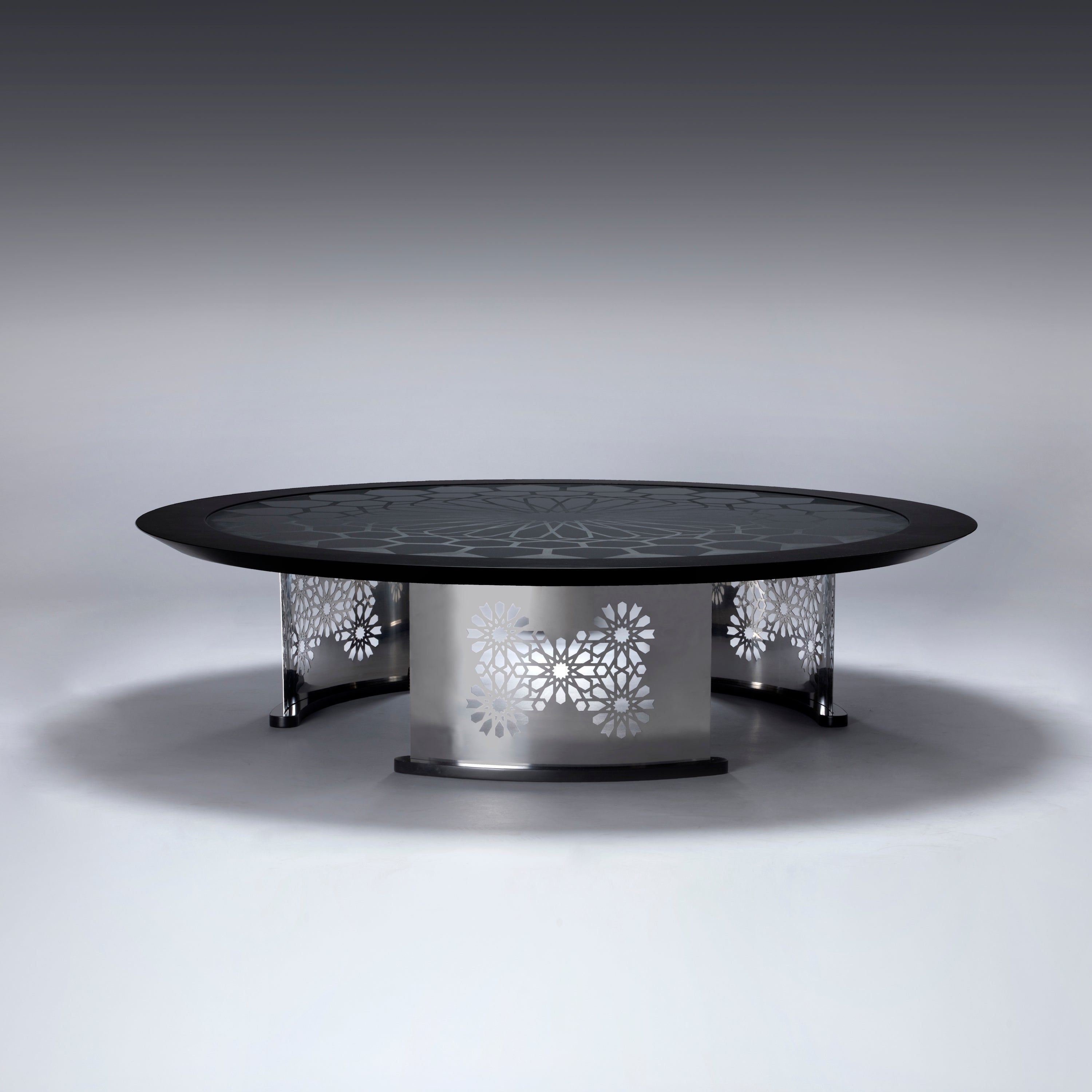 Modern Round Coffee Table Polished Stainless Steel Black Lacquer Black Glass